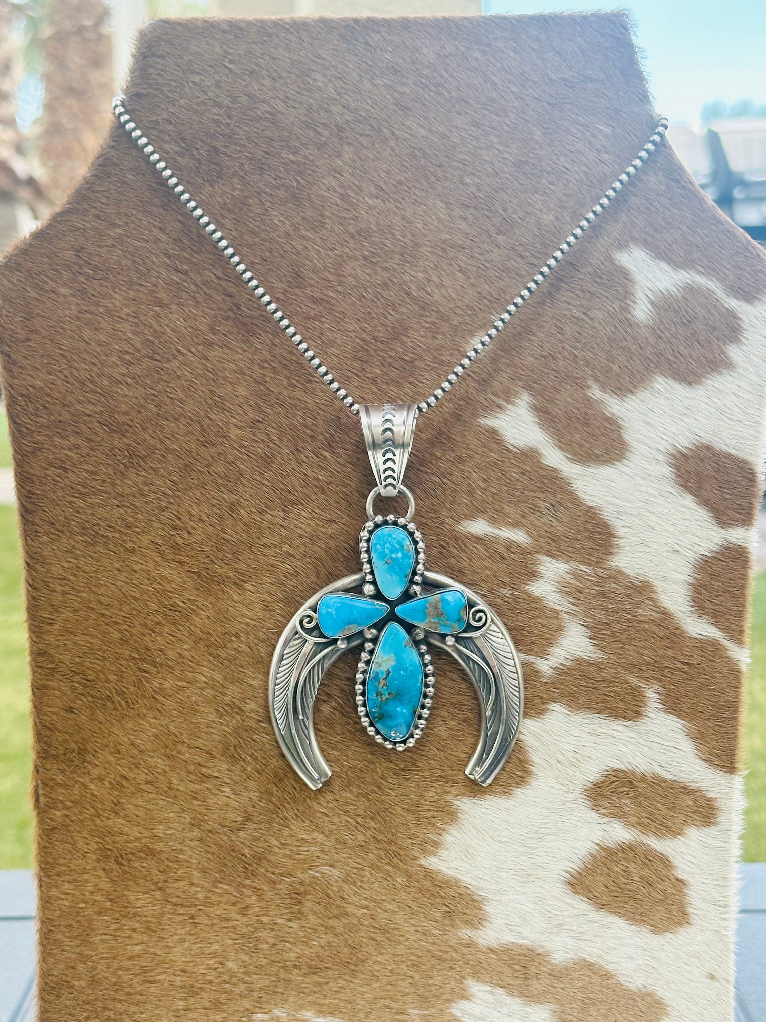 Navajo Made Kingman Turquoise & Sterling Silver Naja Pendant