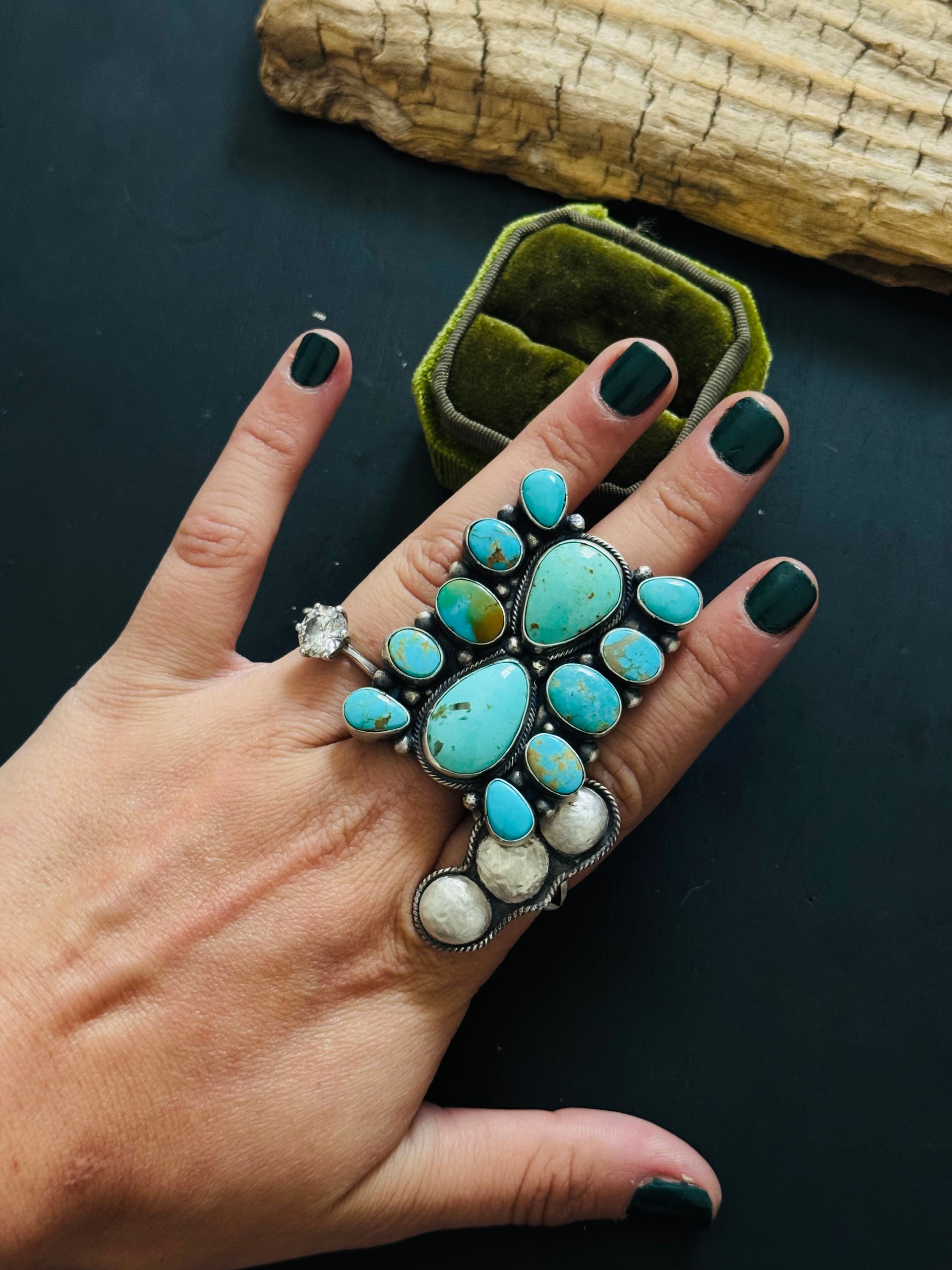 Sheila Becenti Kingman Turquoise Sterling Silver Cluster Ring Size 9