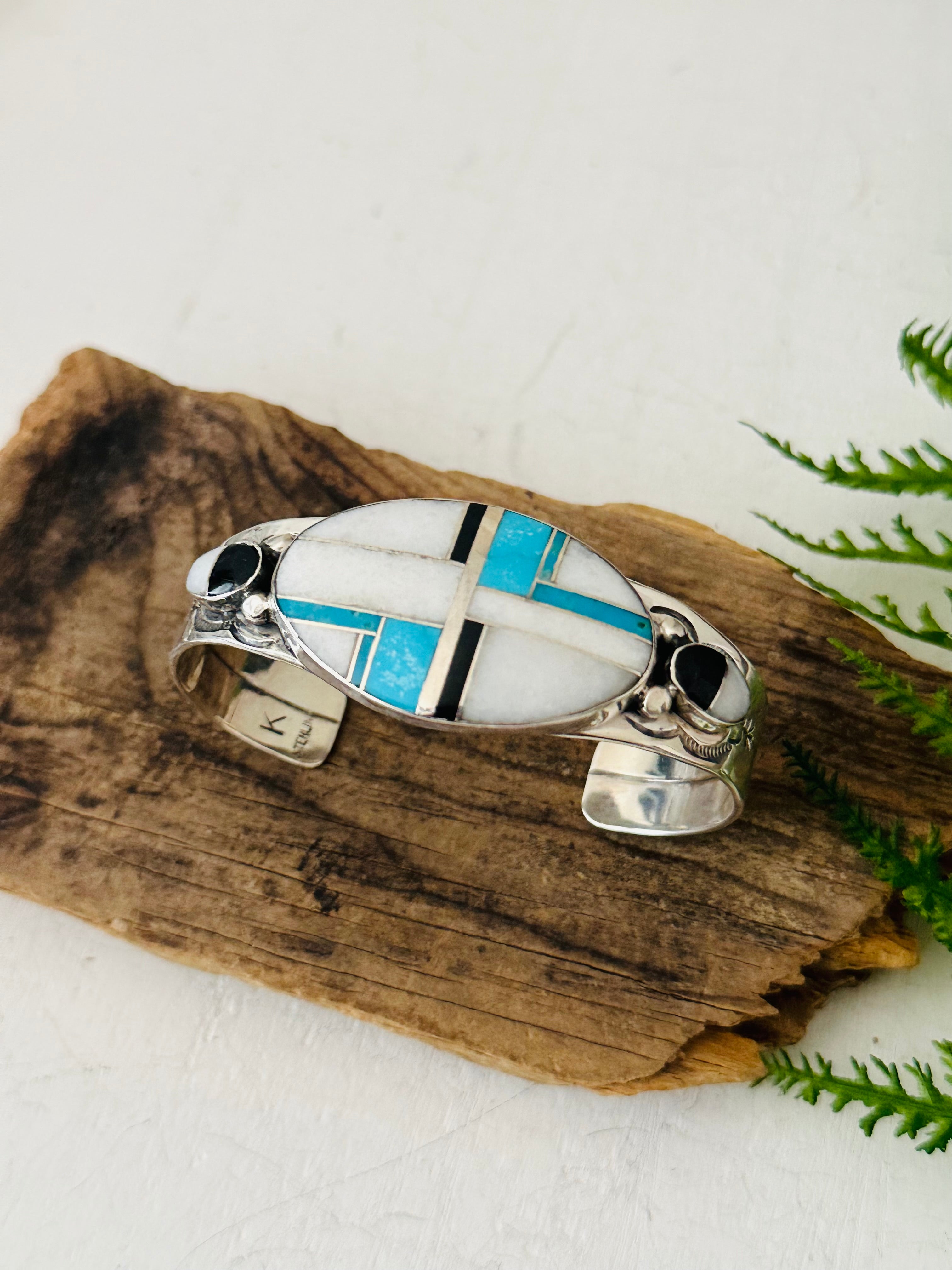 Navajo Made Multi Stone & Sterling Silver Inlay Cuff Bracelet