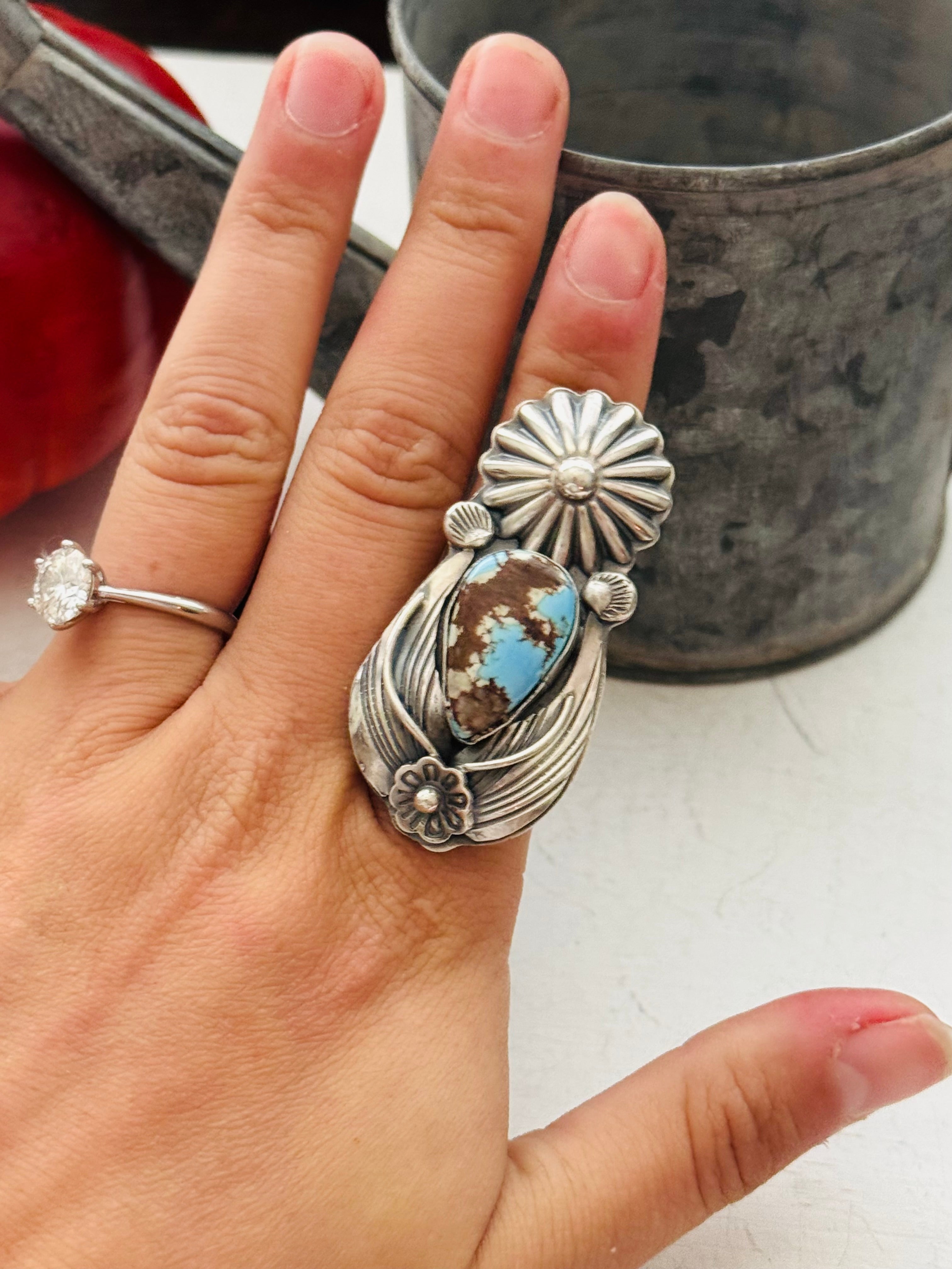 Navajo Made Golden Hills Turquoise & Sterling Silver Adjustable Ring