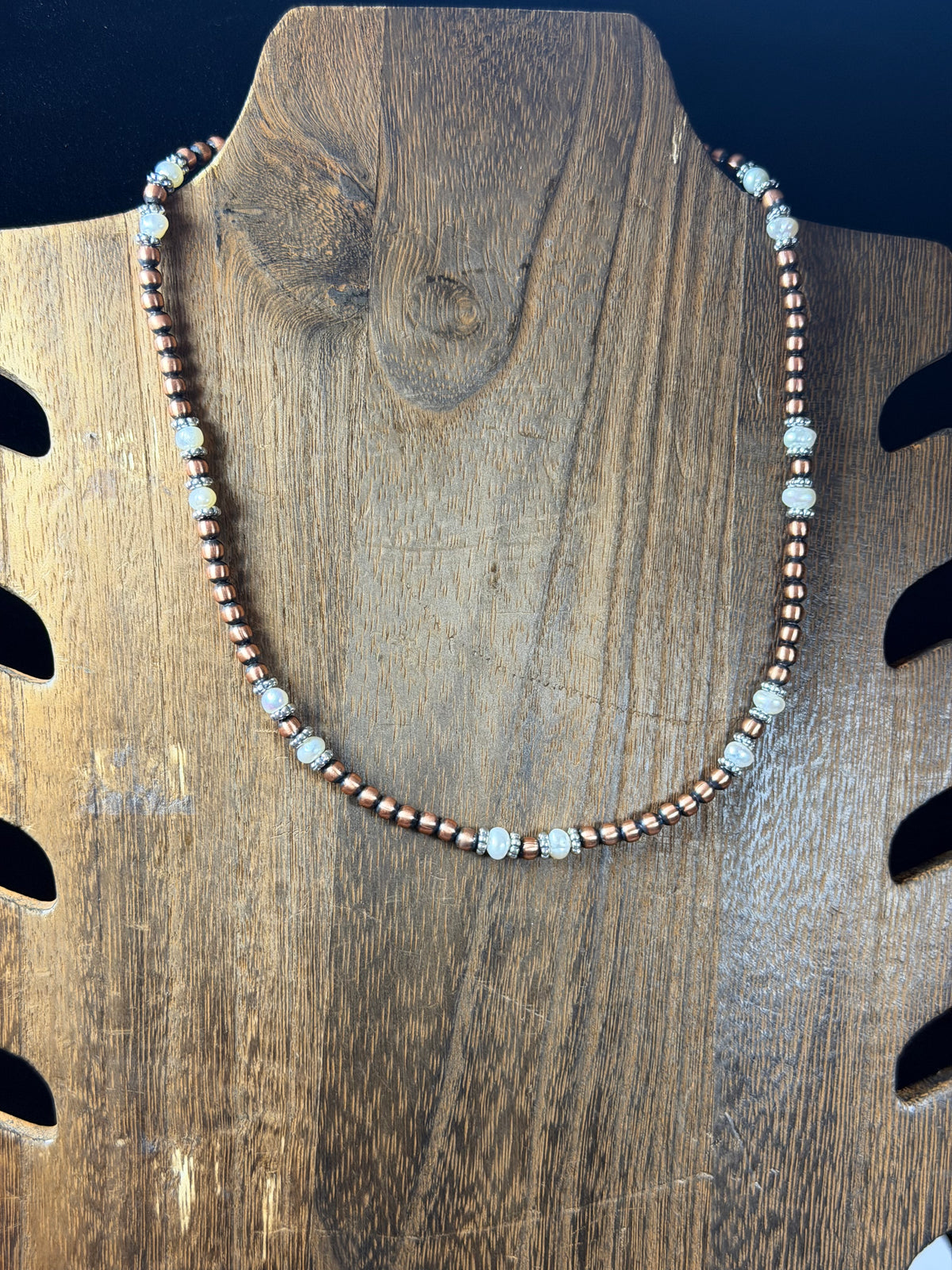 Navajo Strung Fresh Water Pearl & Copper Machine Made Pearl 14” Necklace