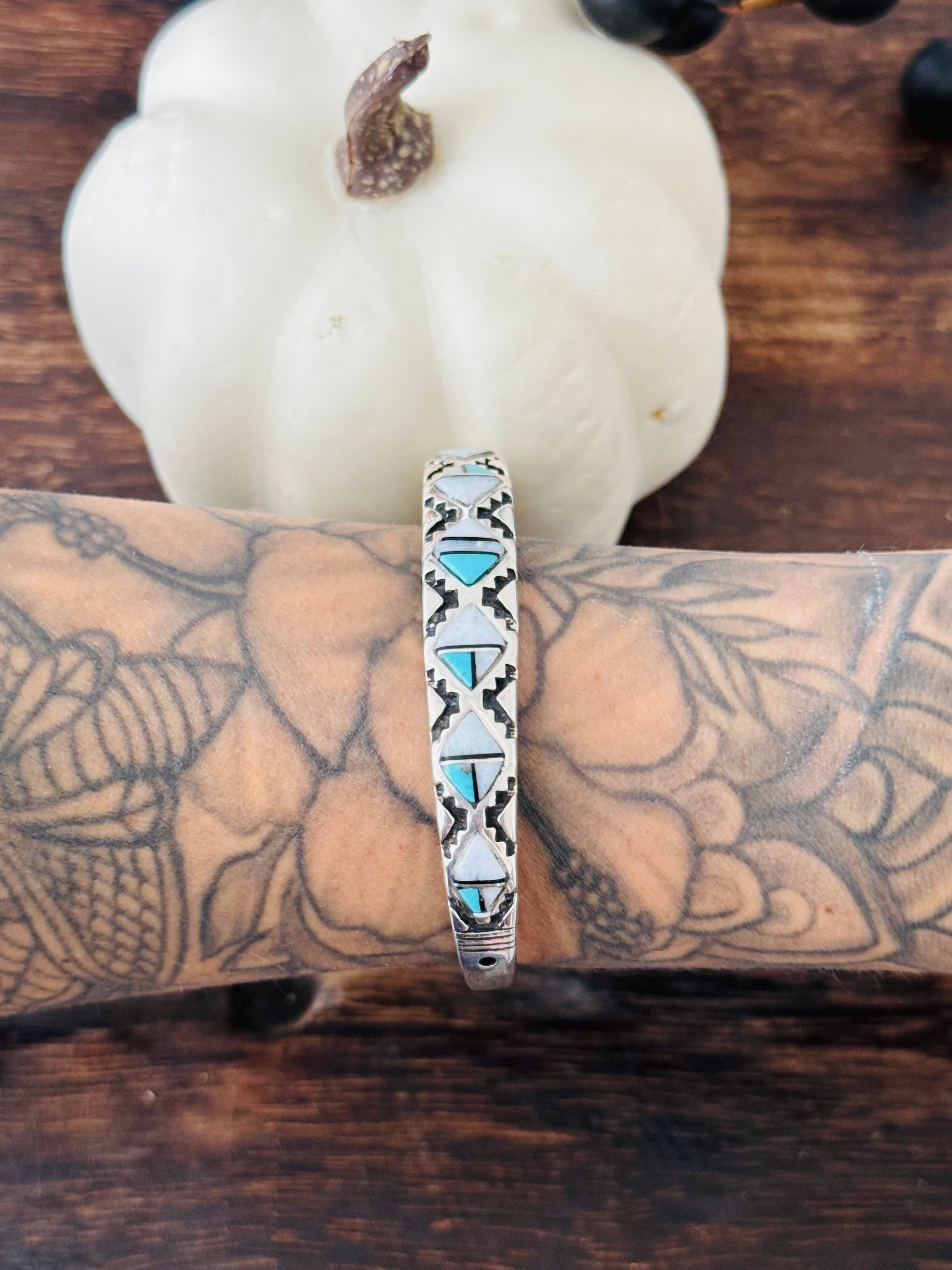 Navajo Made Multi Stone & Sterling Silver Inlay Cuff Bracelet