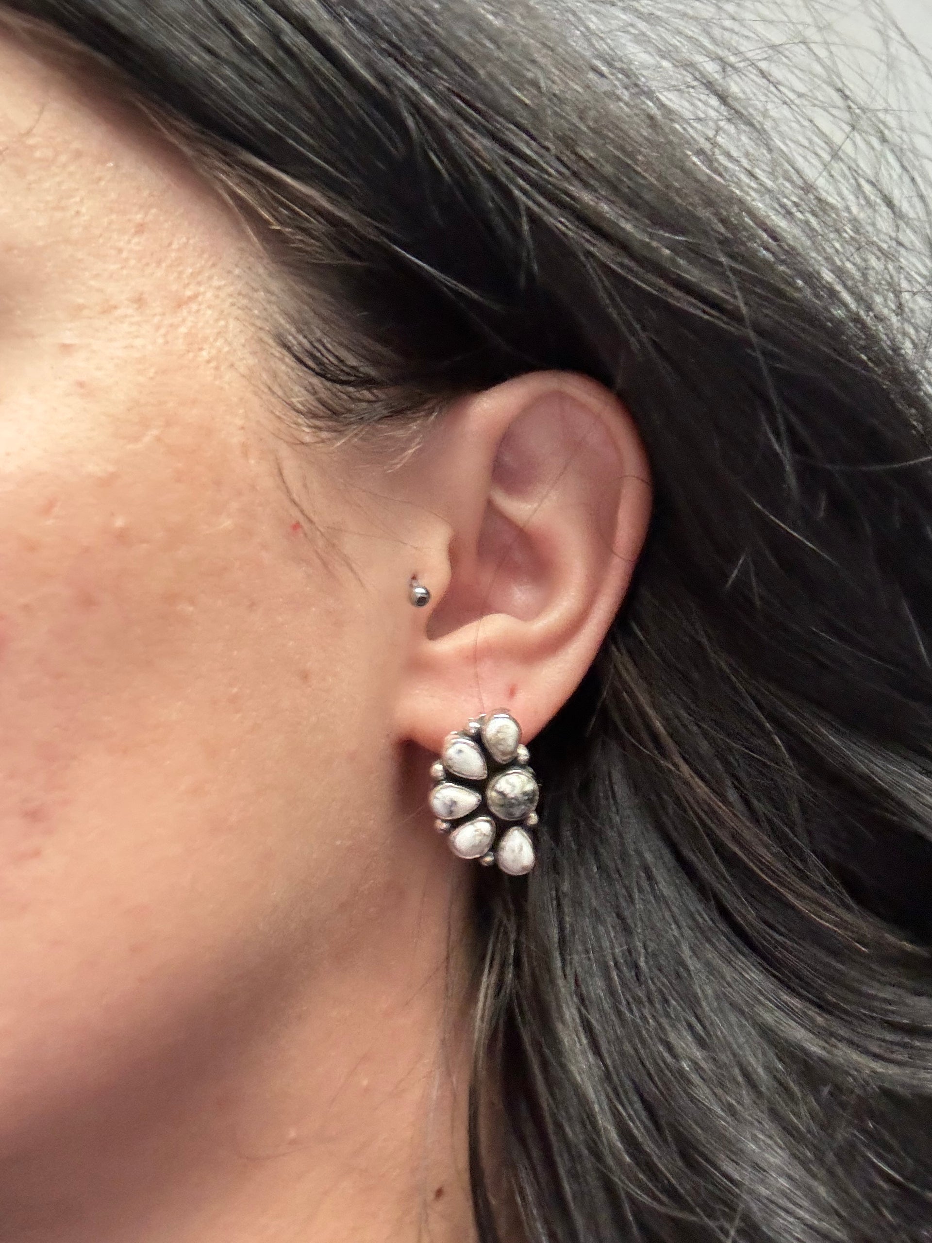 Southwest Handmade White Buffalo & Sterling Silver Post Half Cluster Earrings