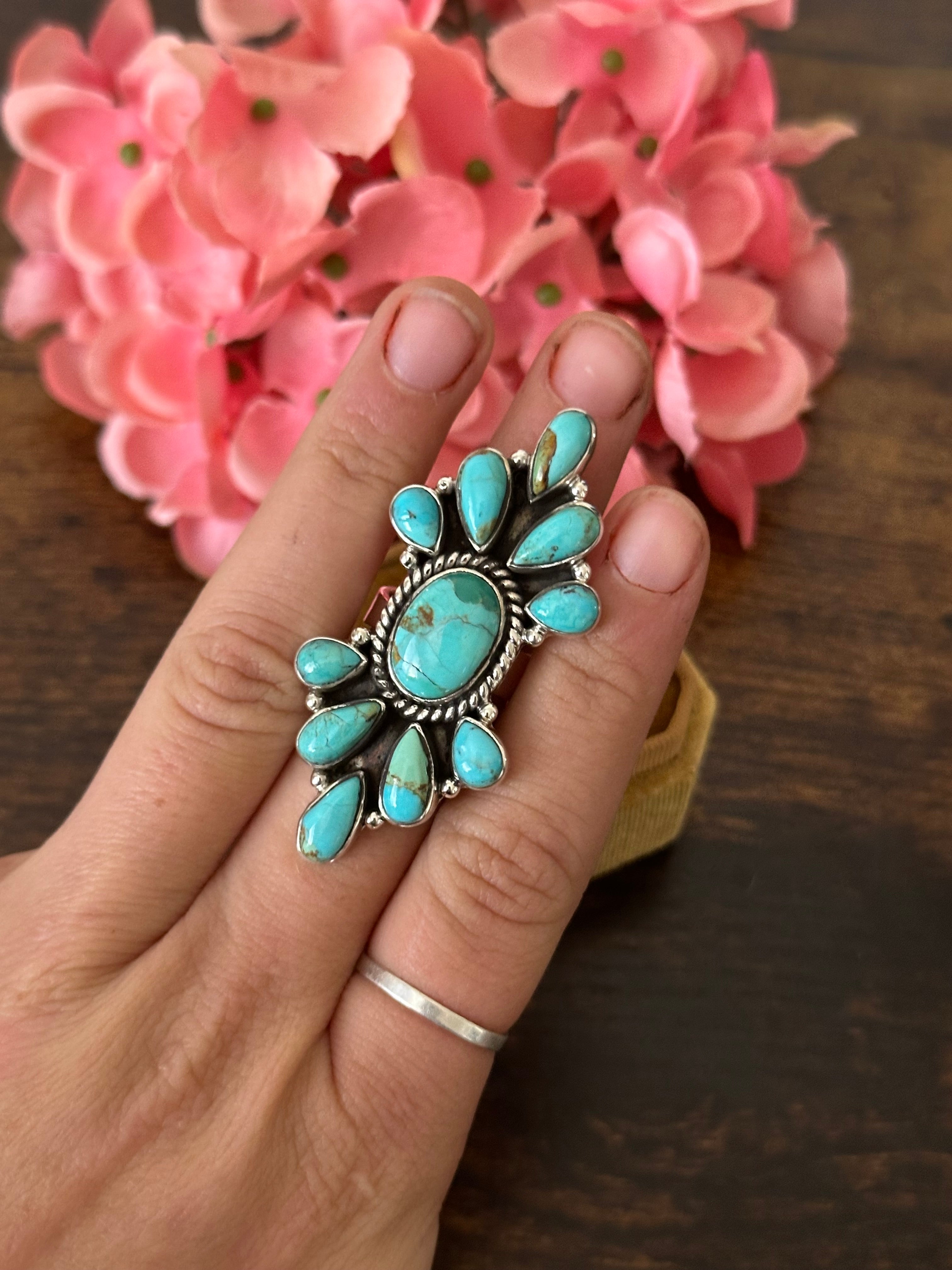 Southwest Handmade Kingman Turquoise & Sterling Silver Cluster Adjustable Ring