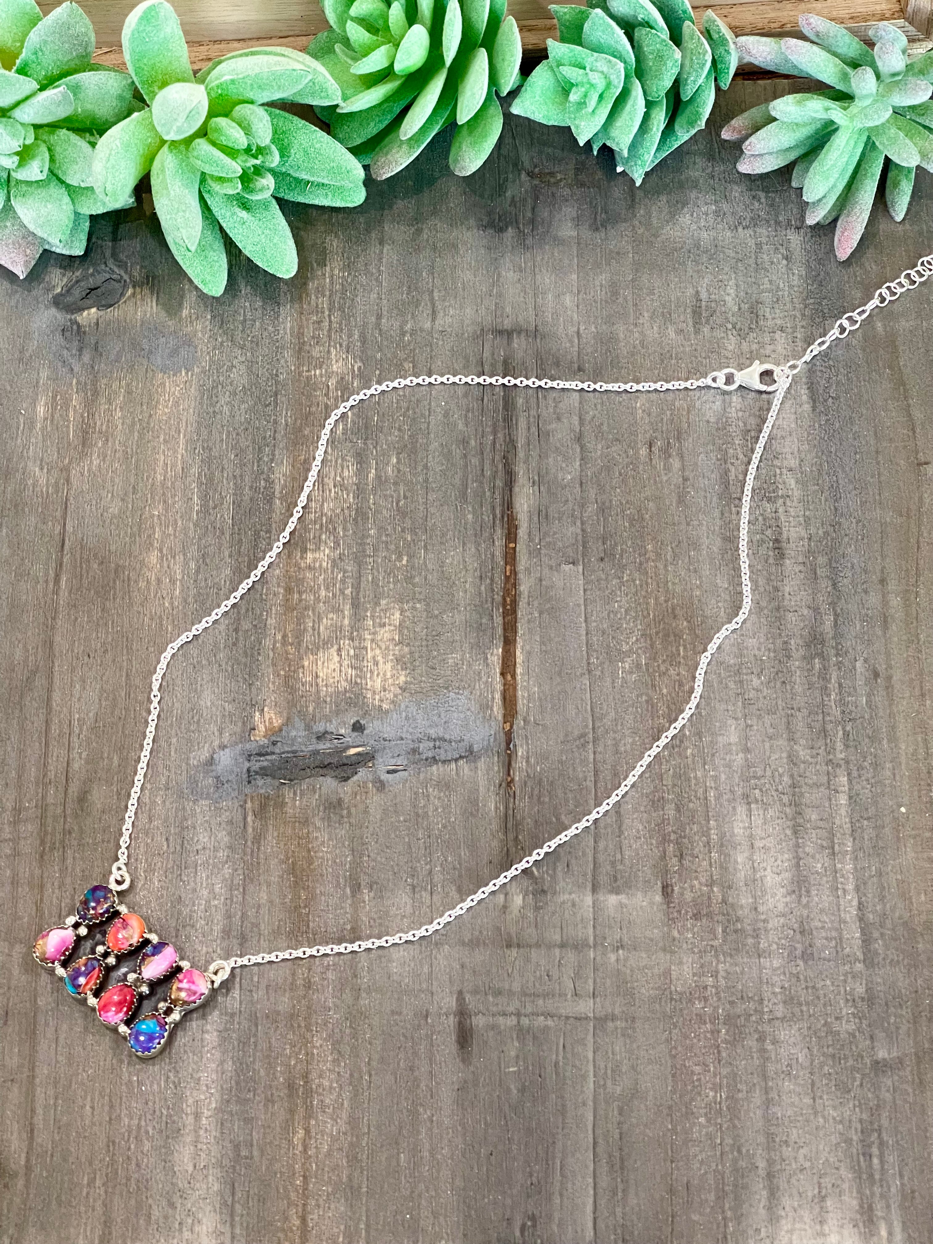 Southwest Handmade Pink Mohave & Sterling Silver Cluster Bar Necklace