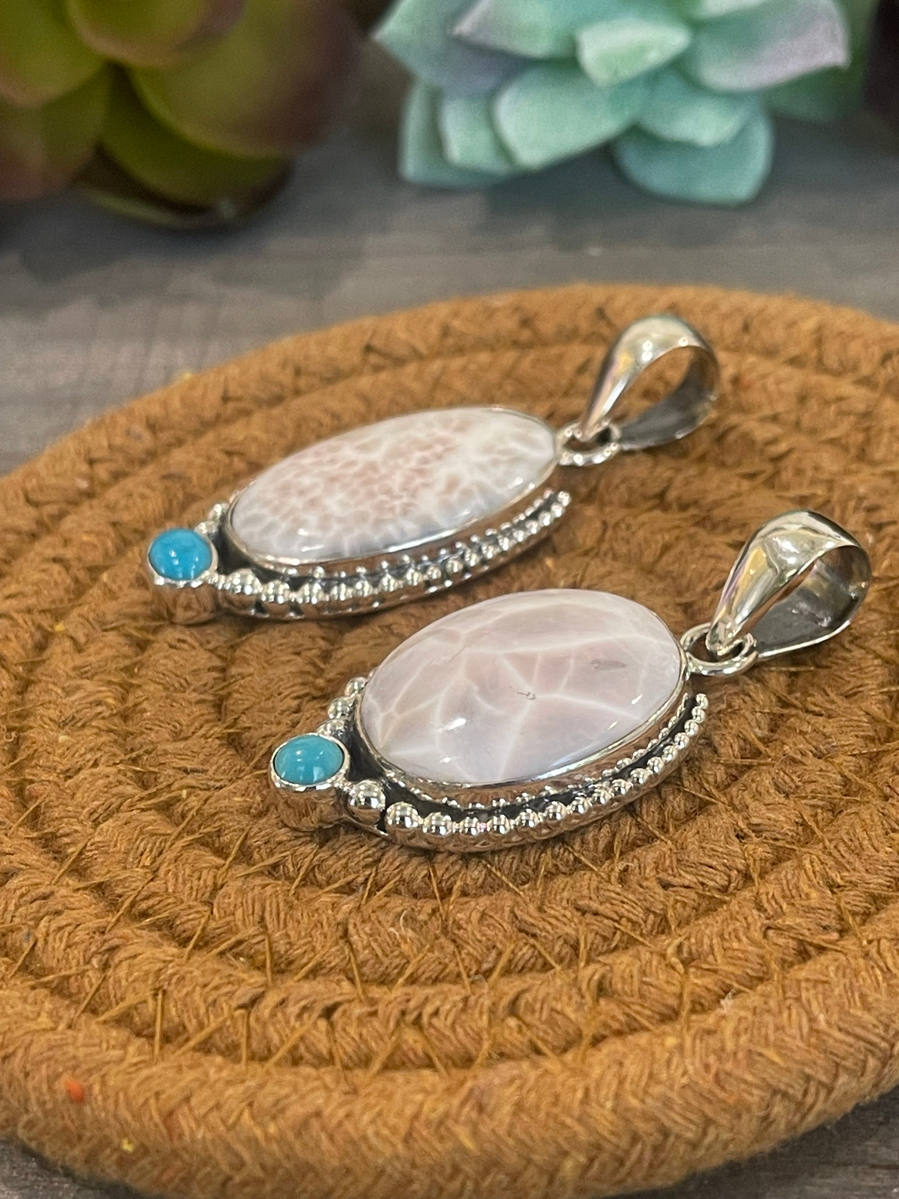 Southwest Handmade Pink Larimar And Kingman Turquoise & Sterling Silver Pendant