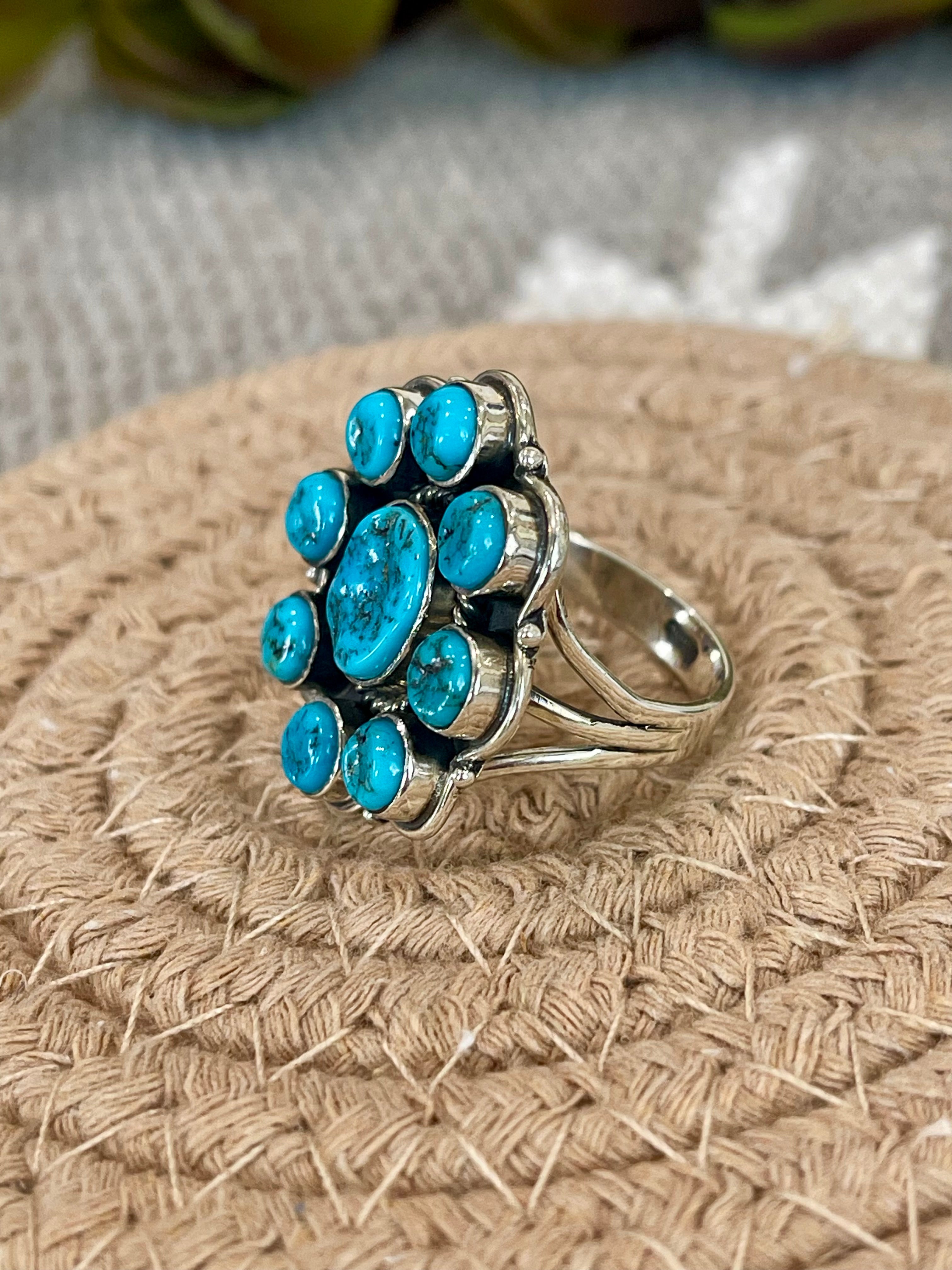 Southwest Handmade Kingman Turquoise & Sterling Silver Size 8.75 Cluster Flower Ring