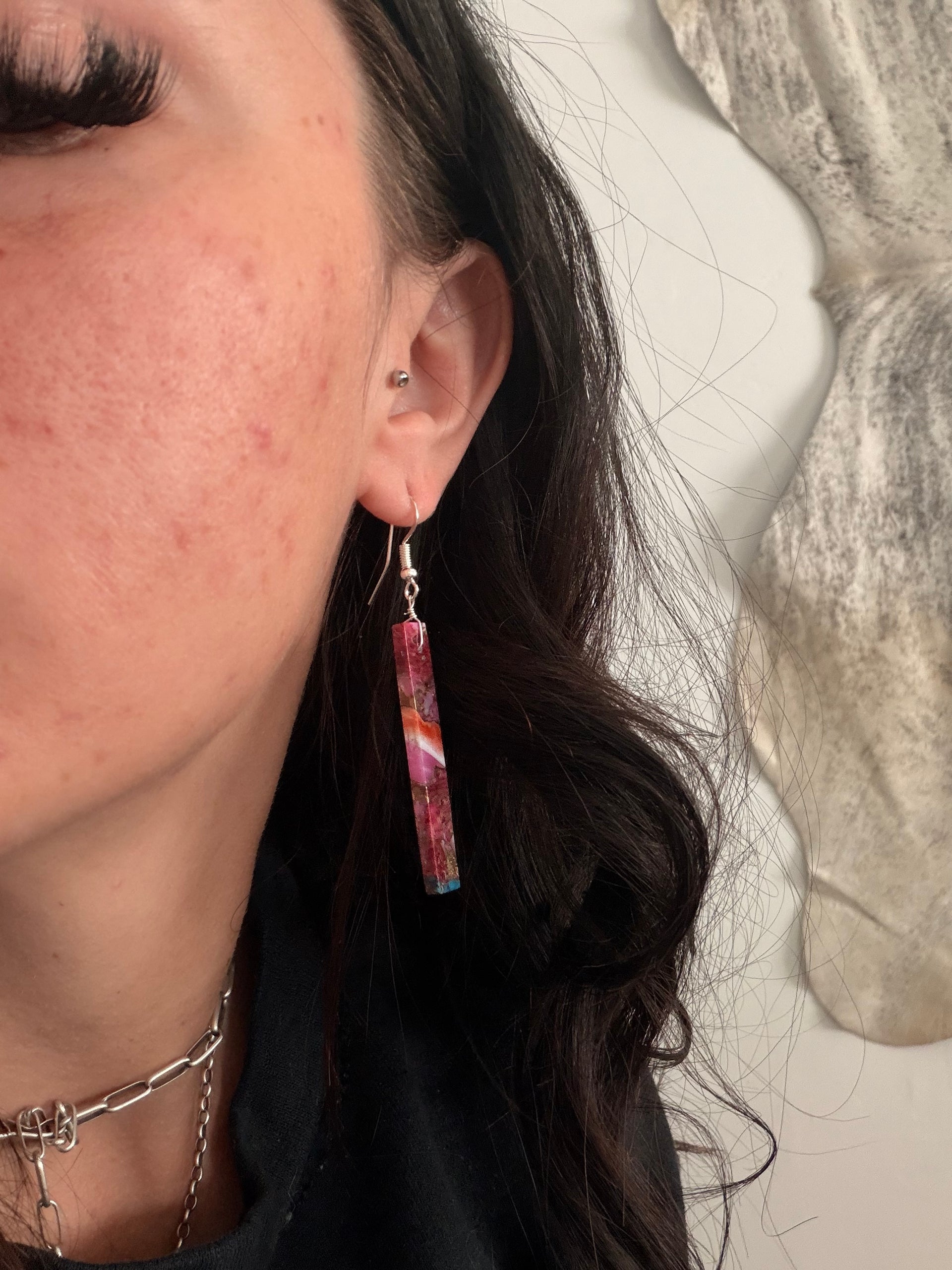 Navajo Made Purple/Pink Mohave Turquoise & Sterling Silver Slab Dangle Earrings