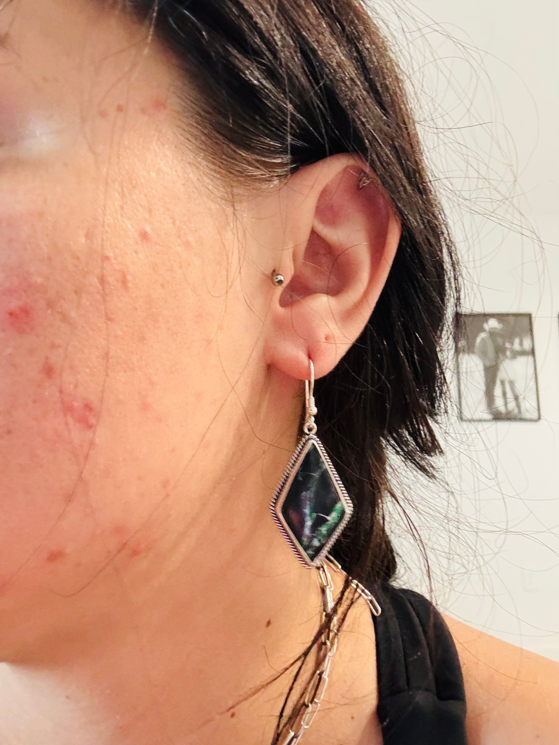 Southwest Handmade Black Jack Turquoise & Sterling Silver Dangle Earrings