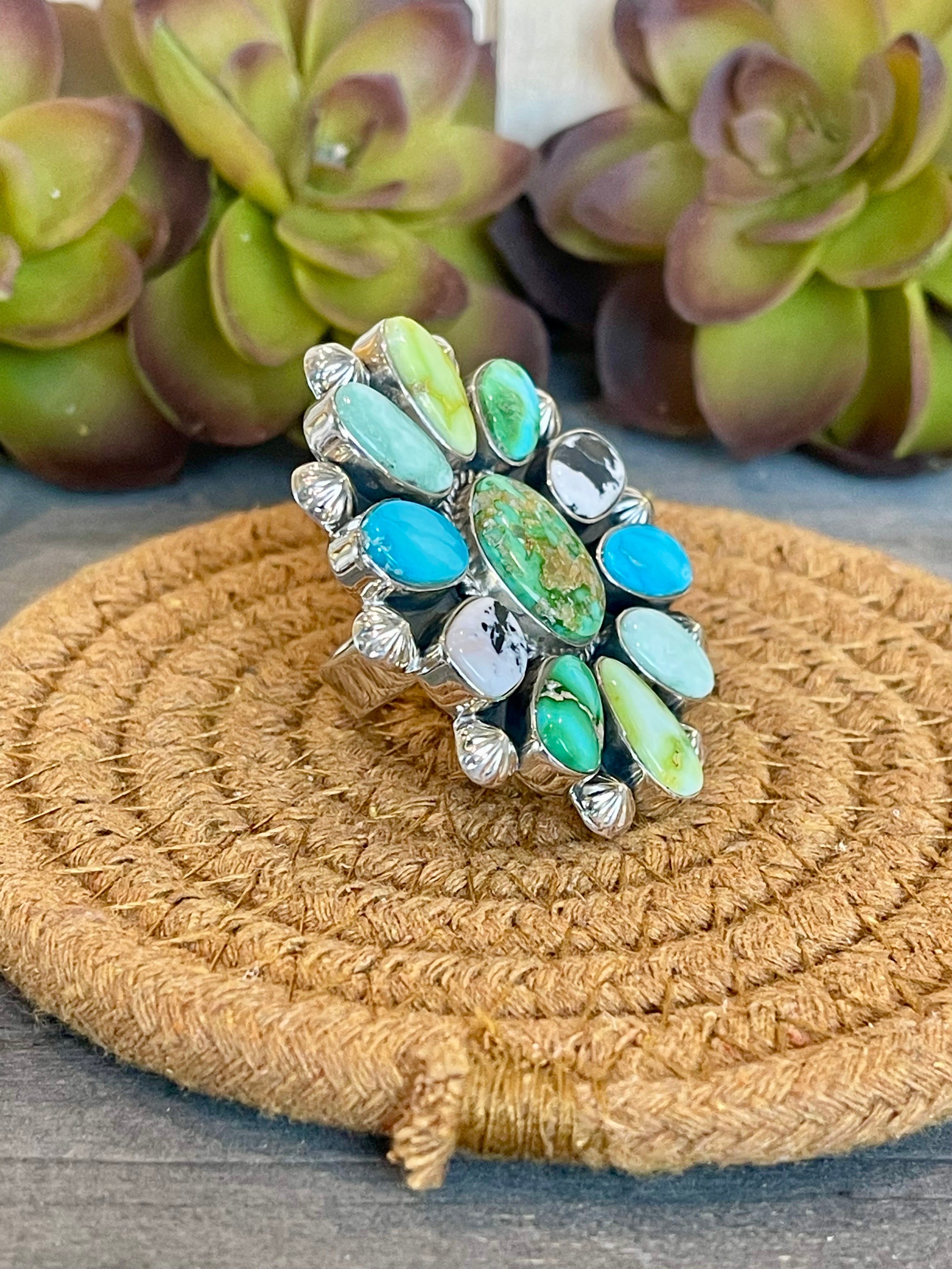 Southwest Handmade Multi Stone & Sterling Silver Adjustable Ring