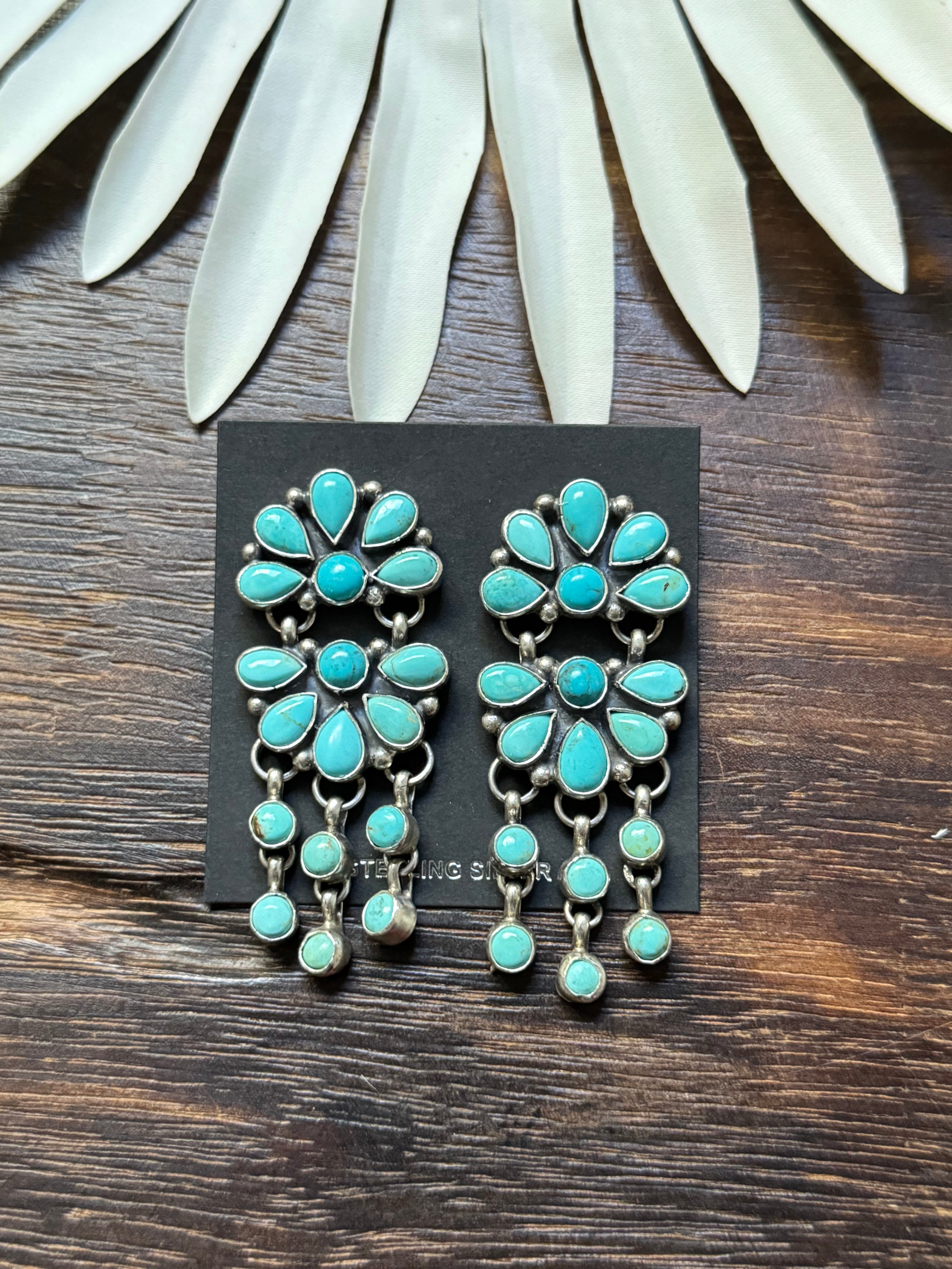 Navajo Made Kingman Turquoise & Sterling Silver Post Dangle Cluster Earrings