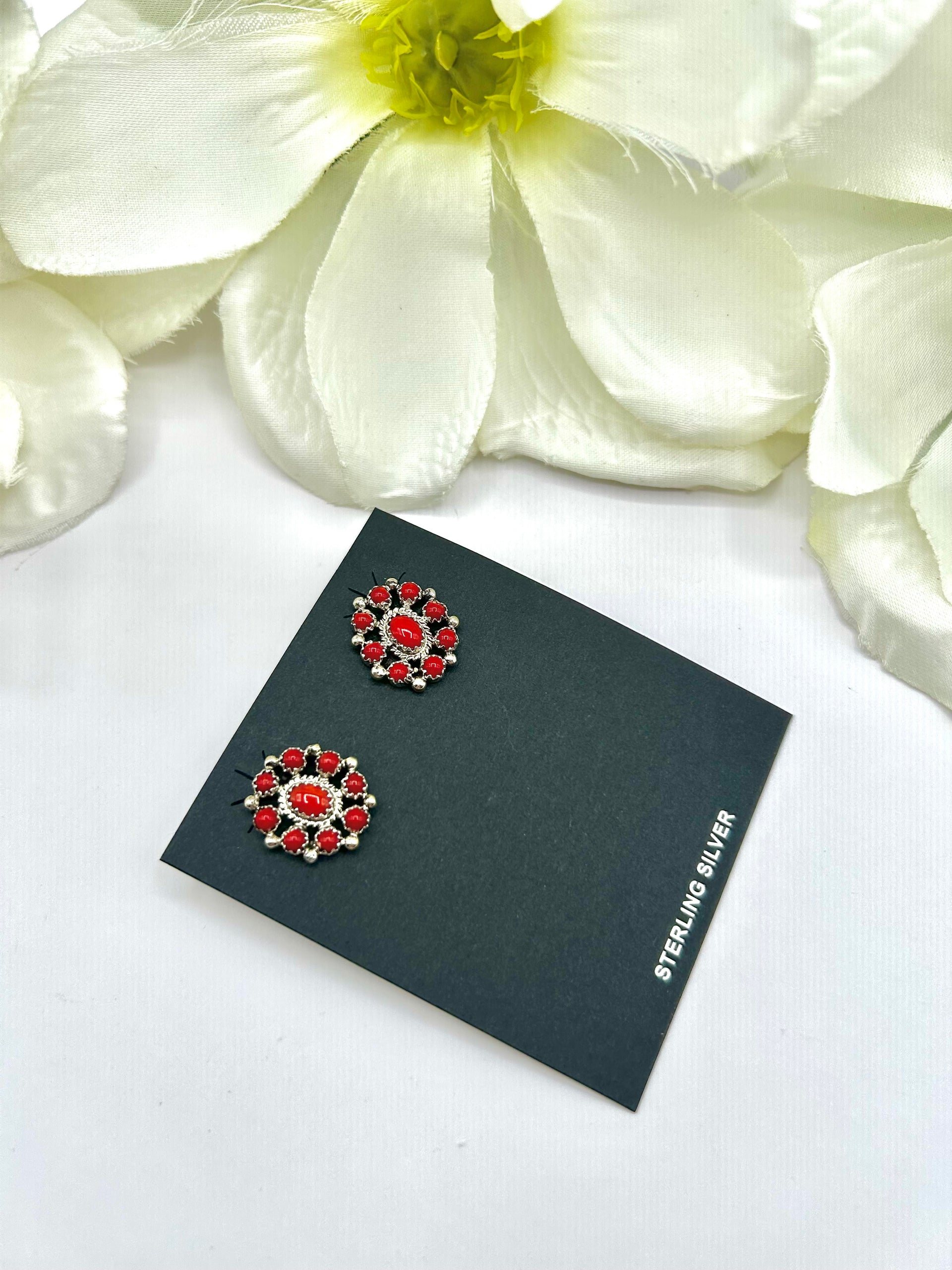 Navajo Made Red Coral & Sterling Silver Post  Earrings