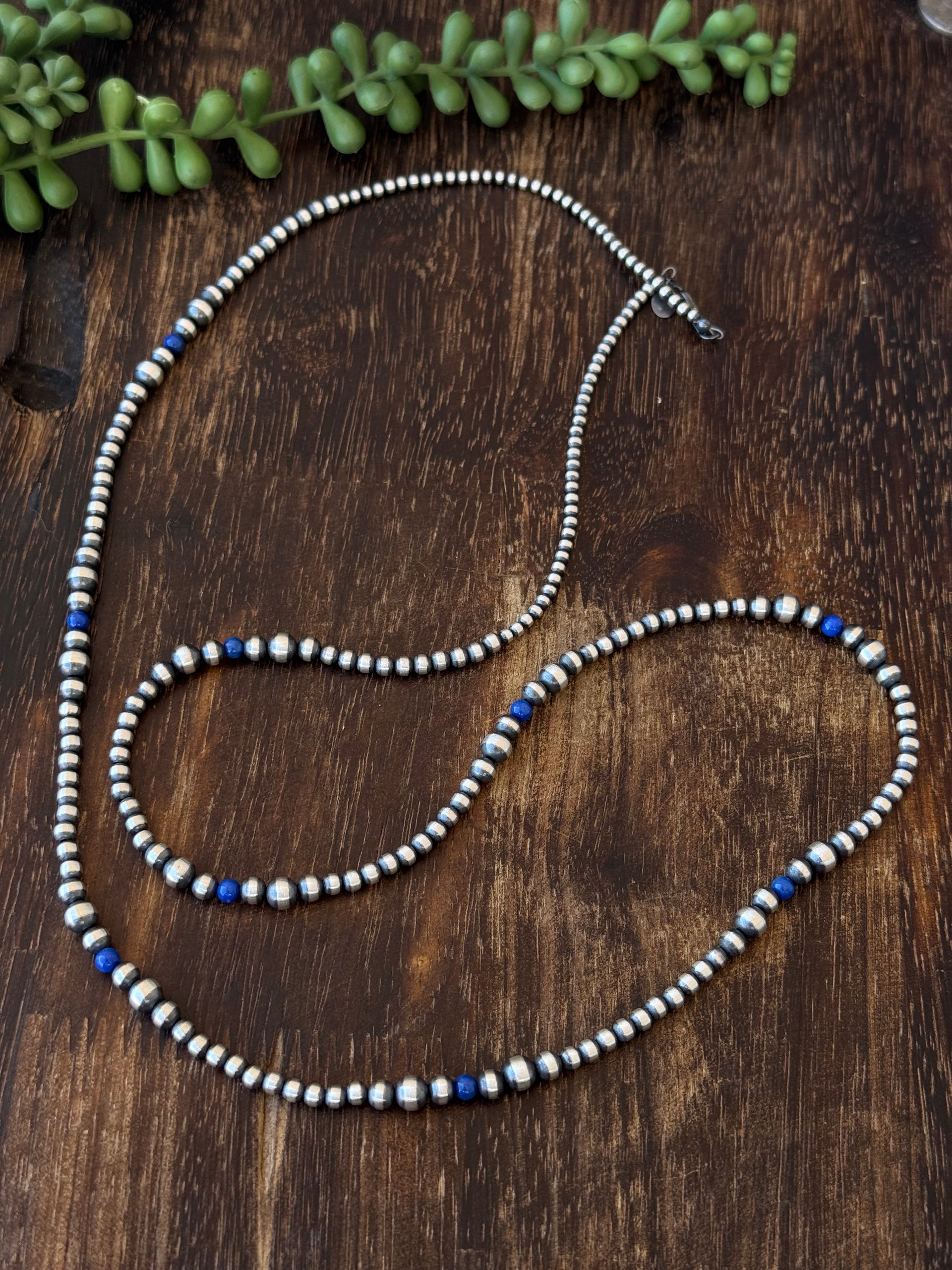 Navajo Strung Lapis & Sterling Silver Graduated Pearl Necklace