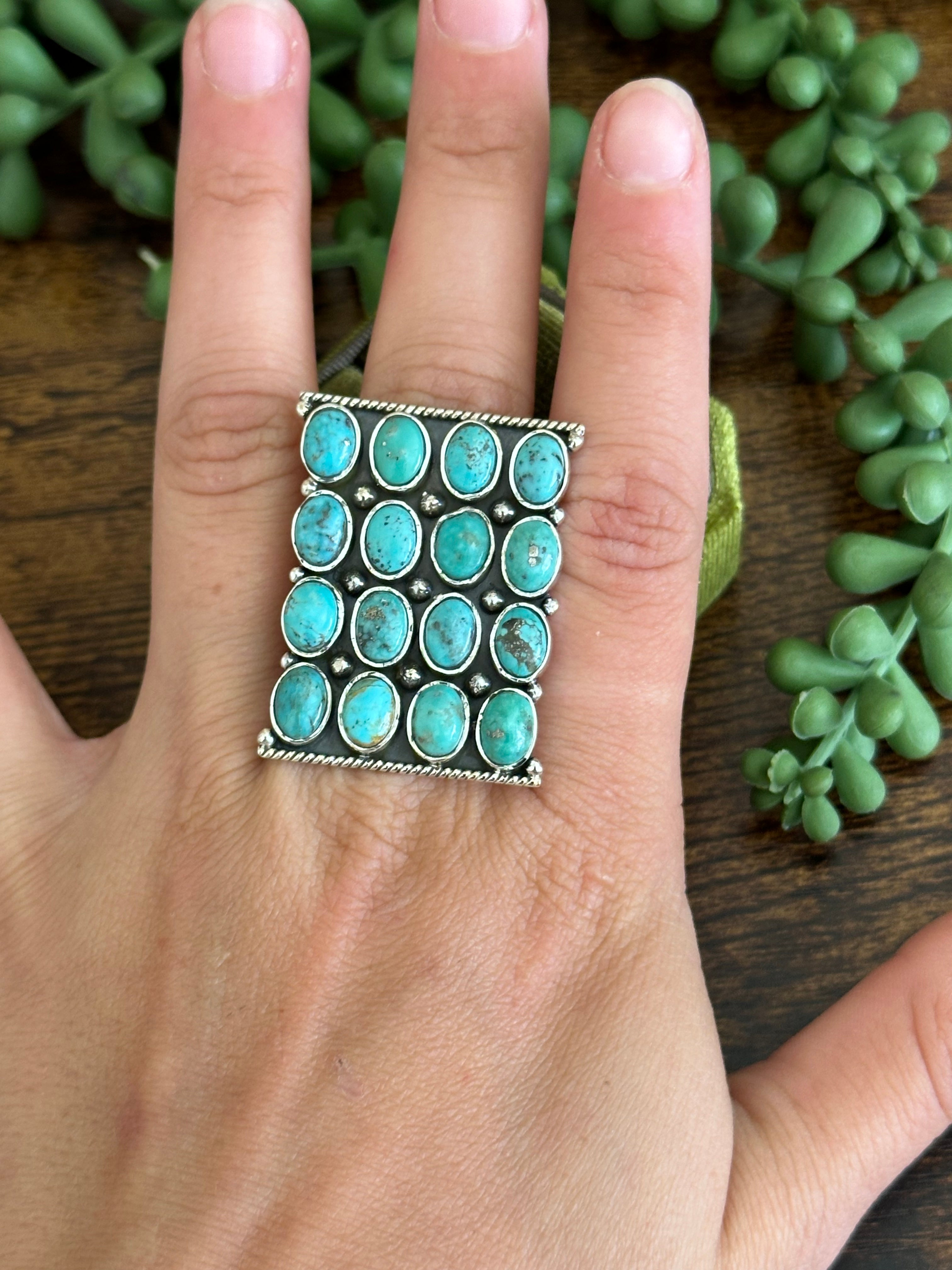 Southwest Handmade Kingman Turquoise & Sterling Silver Adjustable Cluster Ring