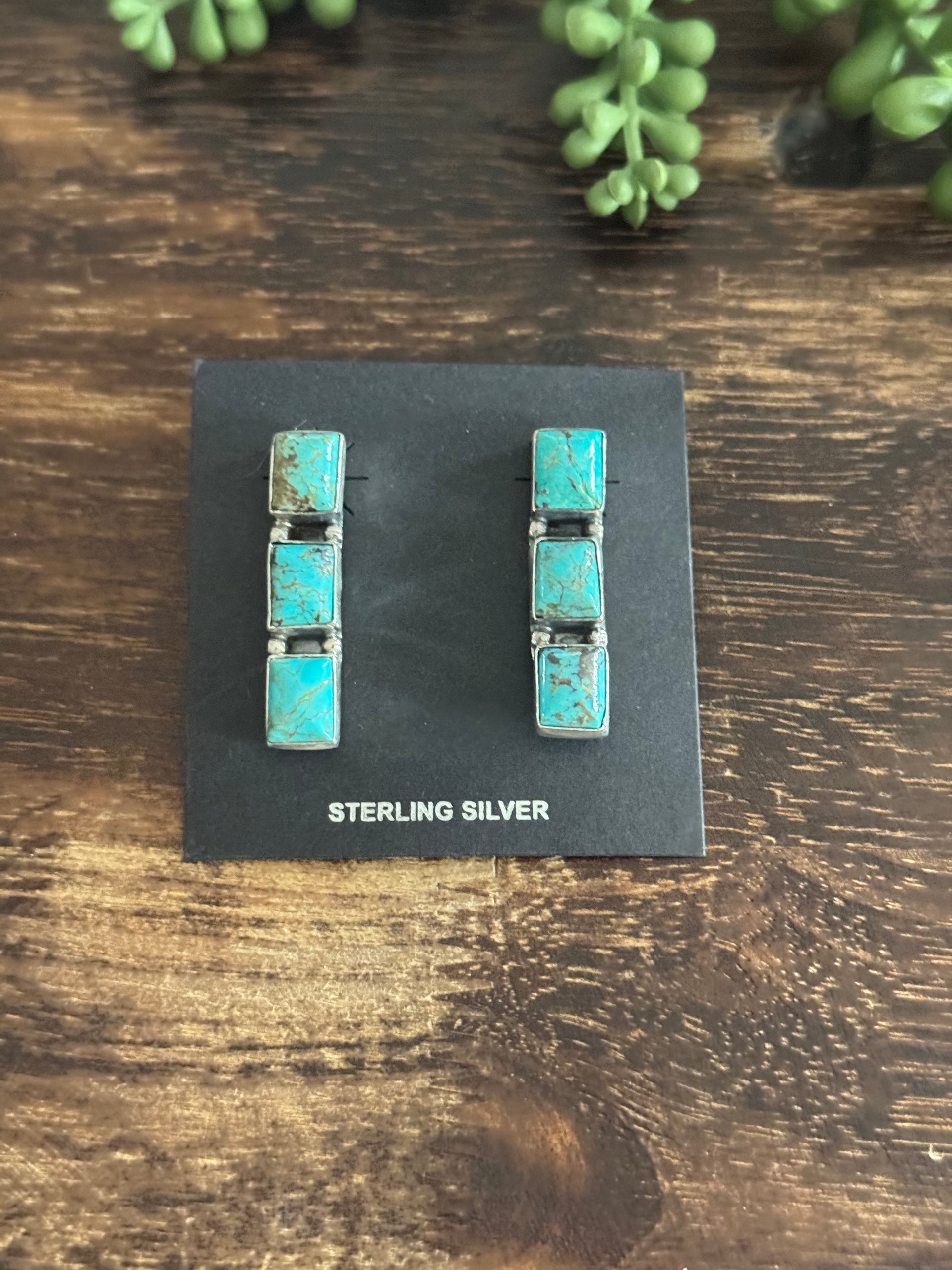 Navajo Made Red Skin Turquoise & Sterling Silver Post Dangle Cluster Earrings