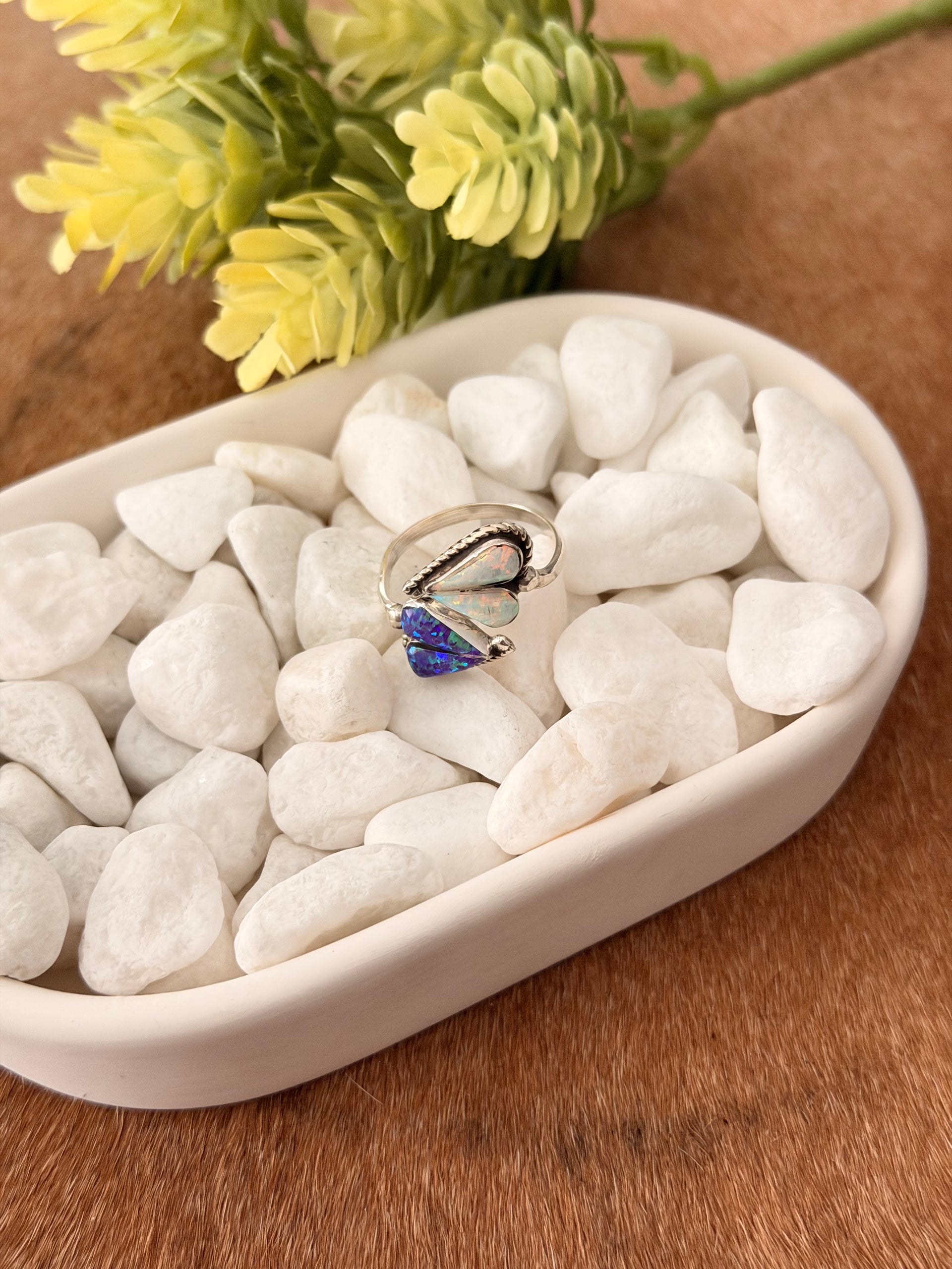 Zuni Made Opal & Sterling Silver Heart Adjustable Ring