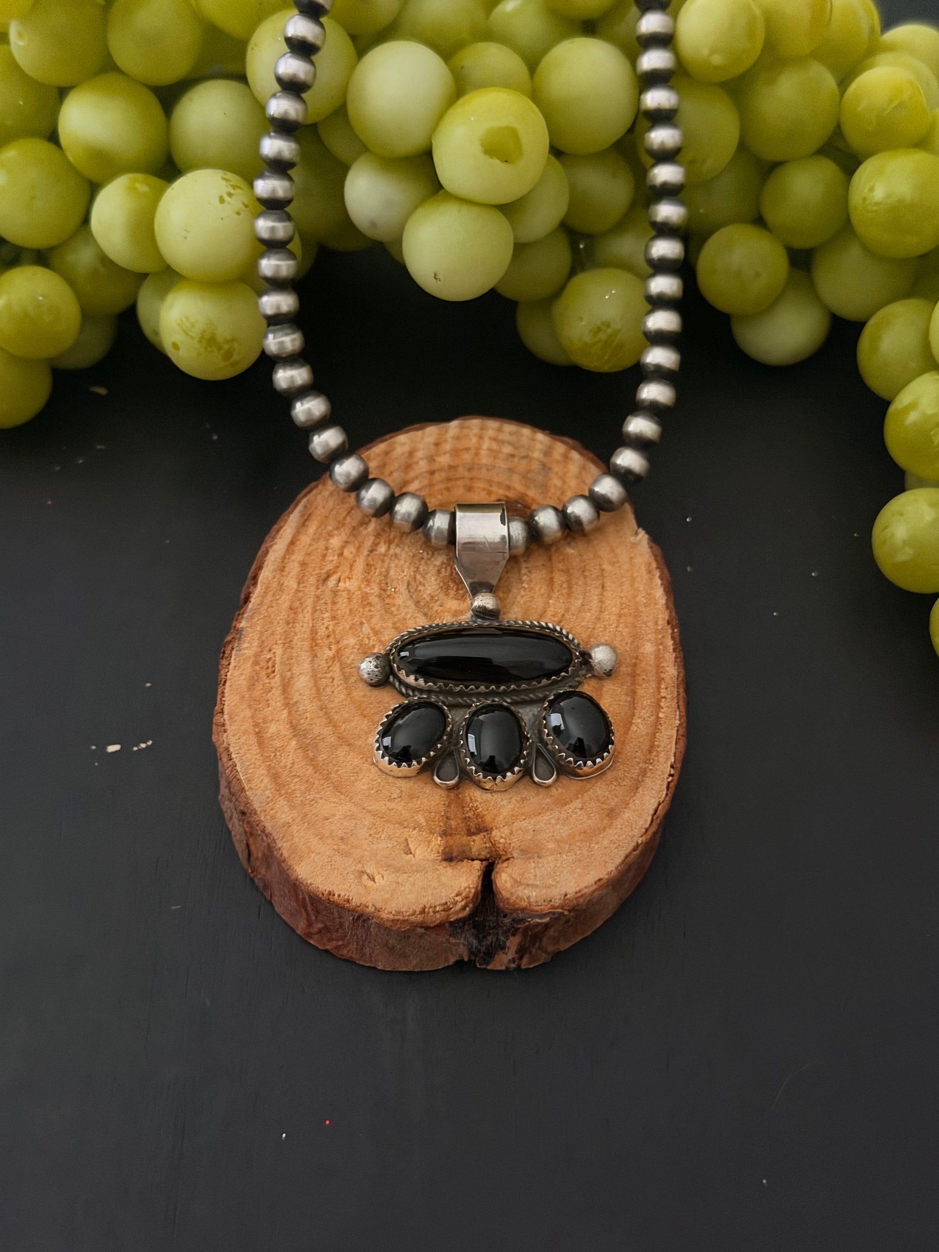 Navajo Made Onyx & Sterling Silver Cluster Pendant