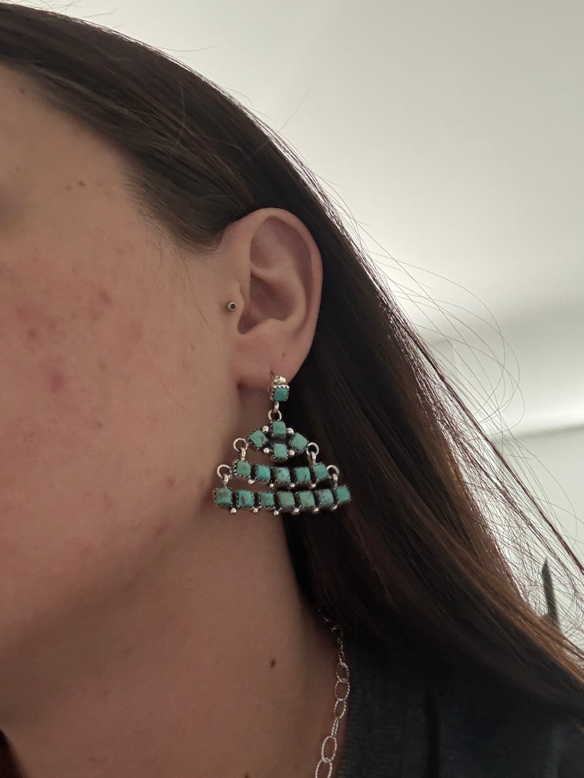 Julia Etsitty Kingman Turquoise & Sterling Silver Post Dangle Cluster Earrings