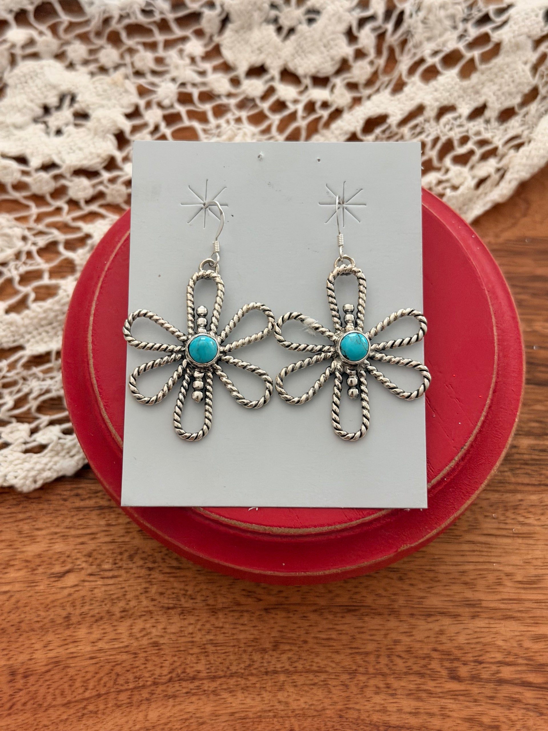 Navajo Made Turquoise & Sterling Silver Flower Dangle Earrings