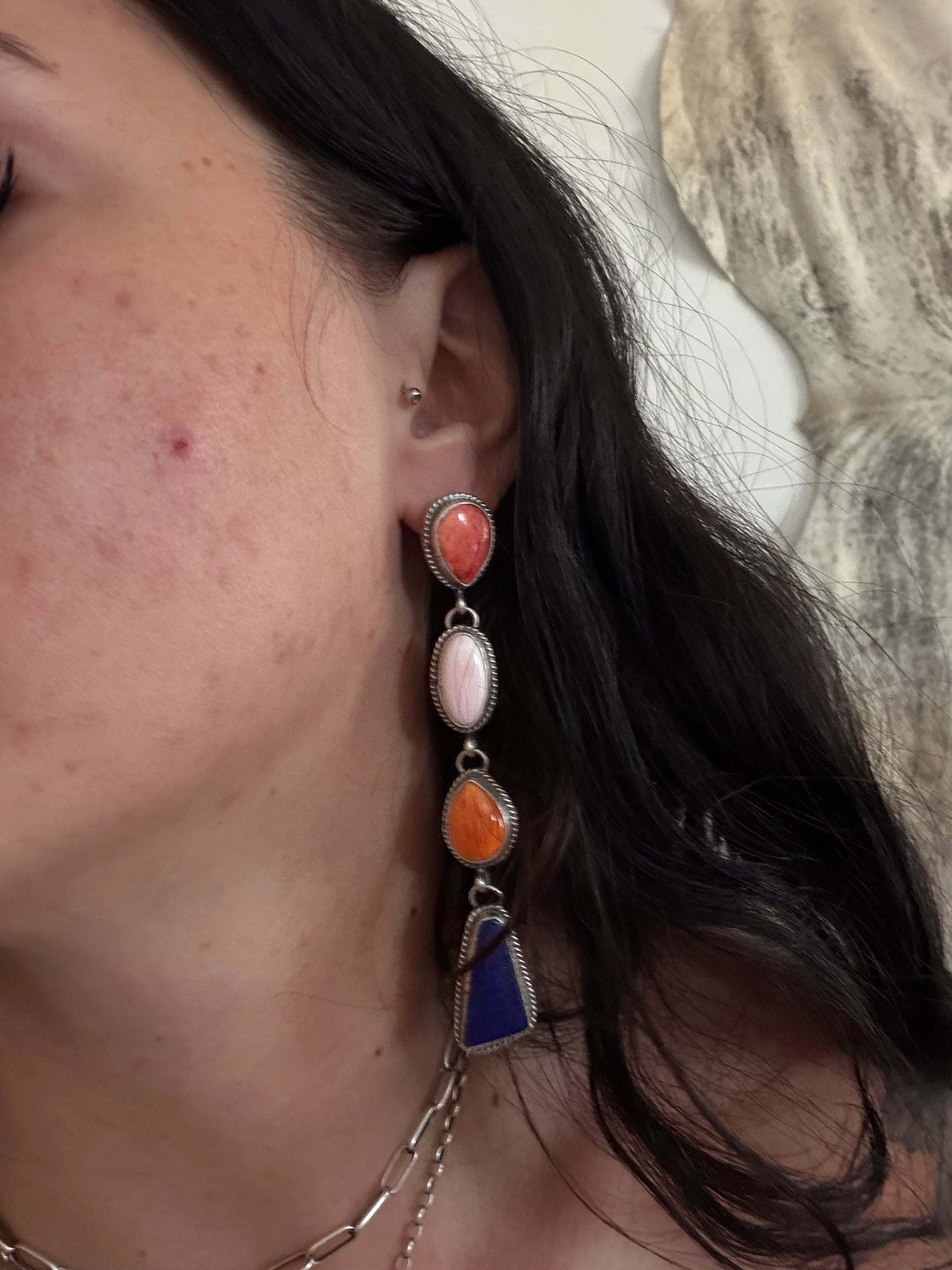 Marcella James Multi Stone & Sterling Silver Post Dangle Earrings