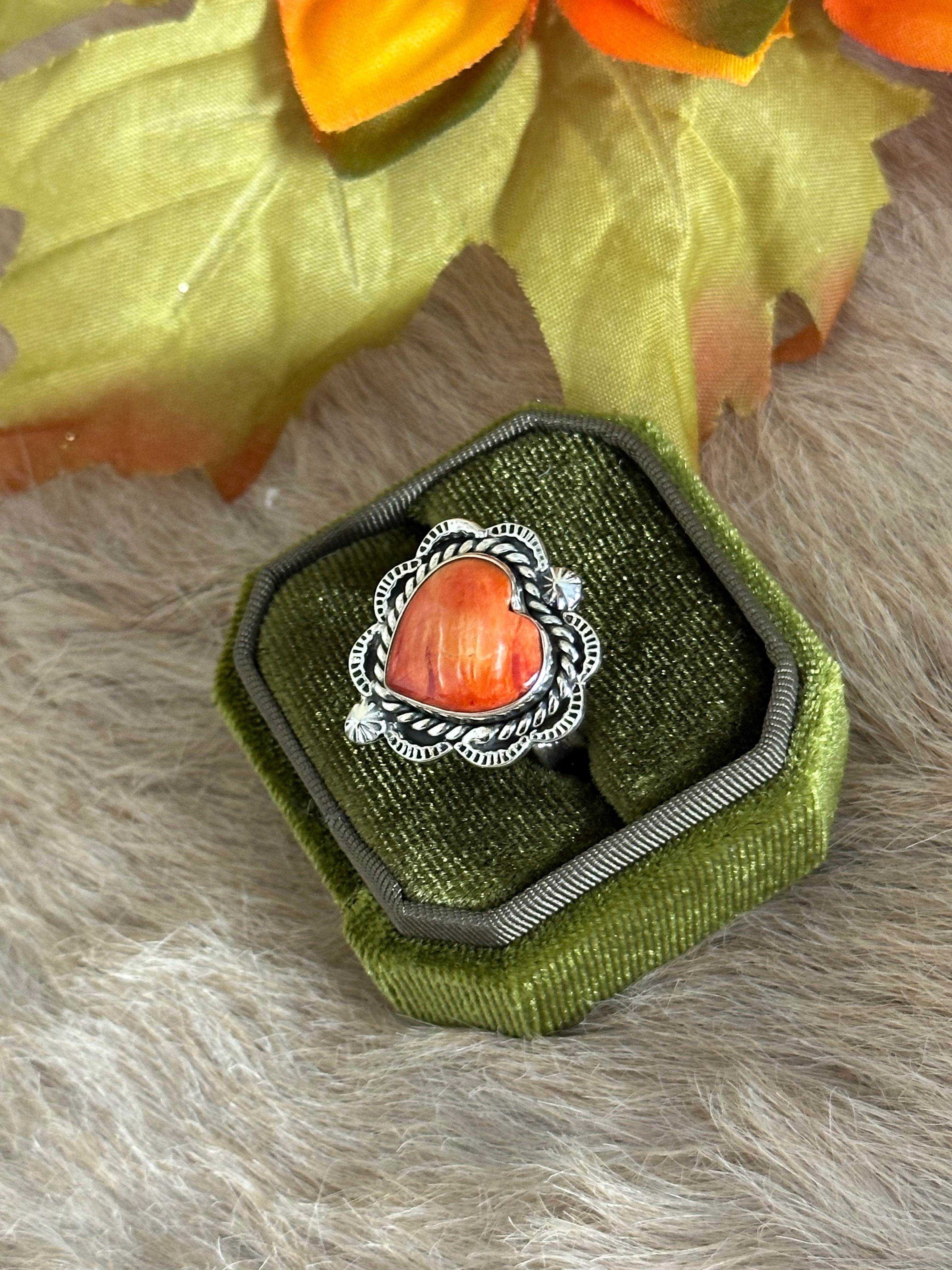 Southwest Handmade Spiny Oyster & Sterling Silver Adjustable Heart Ring