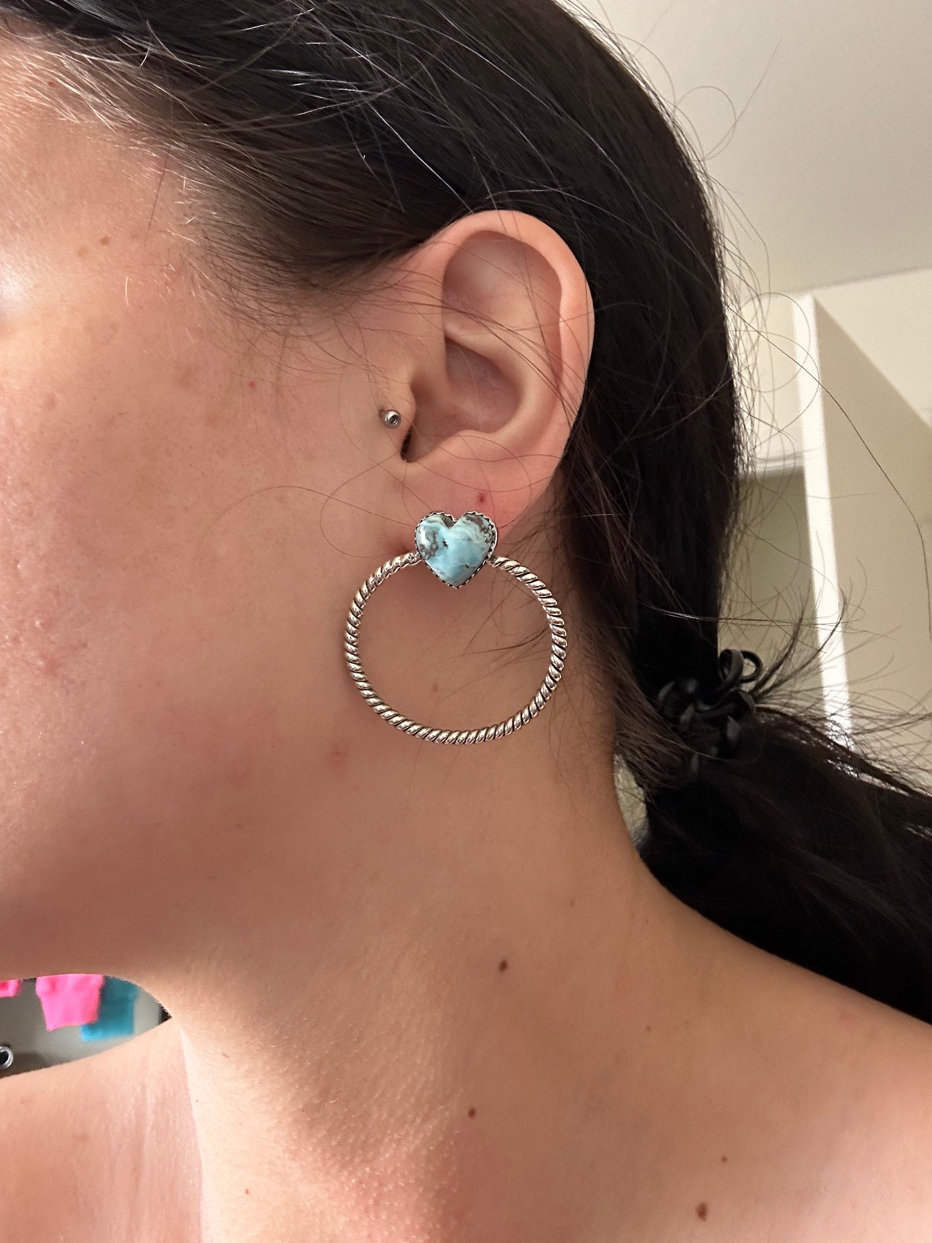 Southwest Handmade Golden Hills Turquoise & Sterling Silver Post Hoop Earrings
