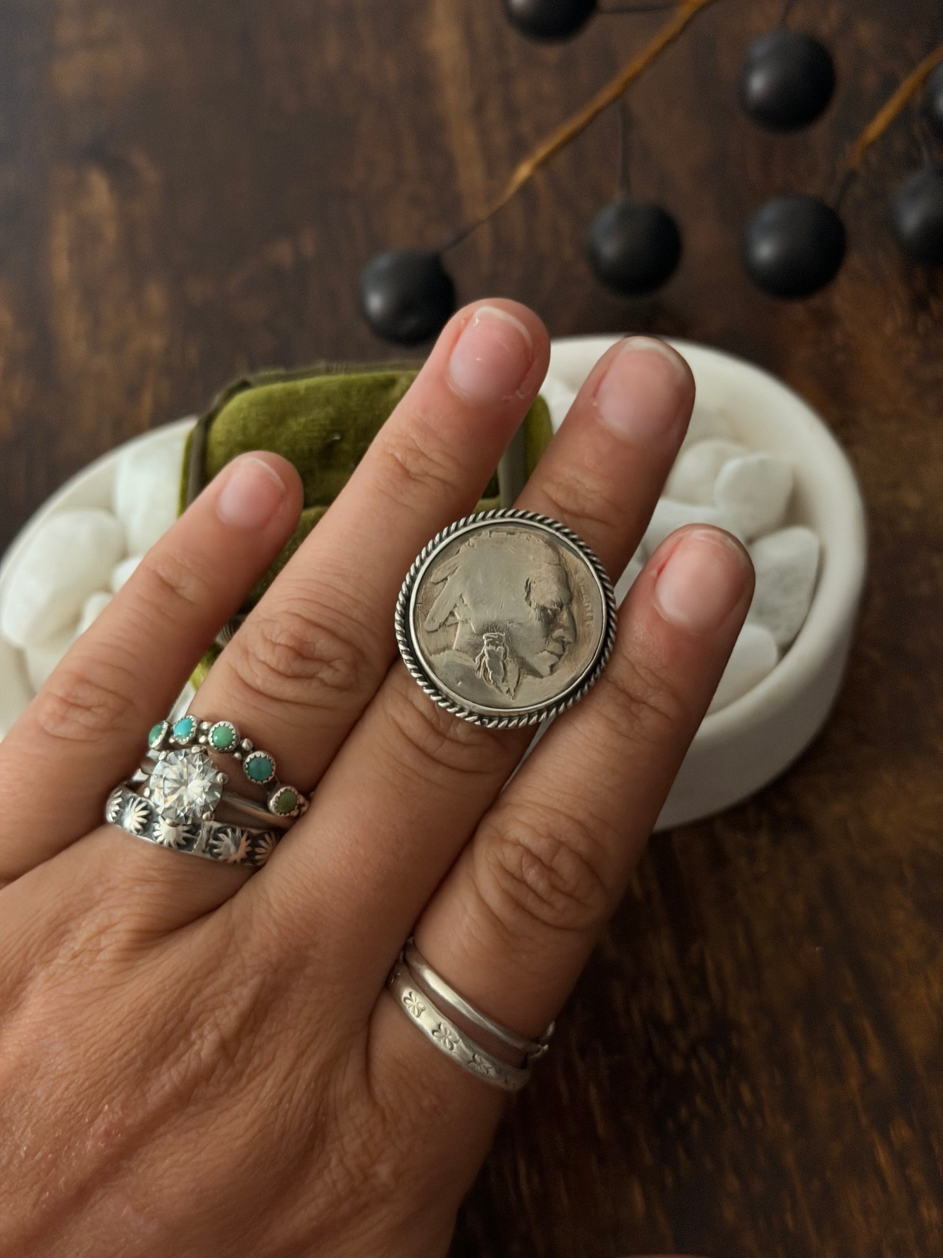 Navajo Made Buffalo Nickel & Sterling Silver Ring Size 5.75