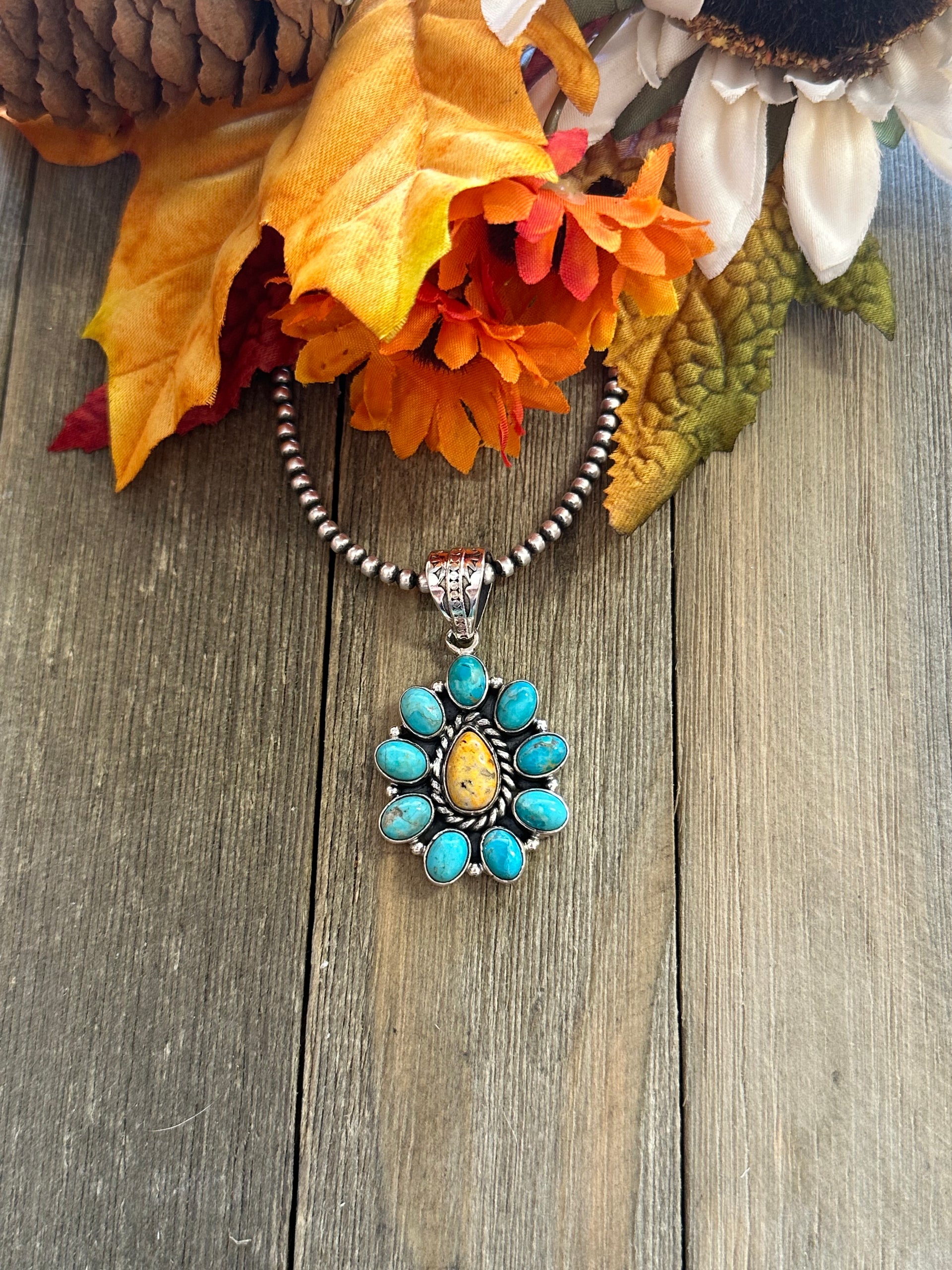 Southwest Handmade Multi Stone & Sterling Silver Cluster Pendant