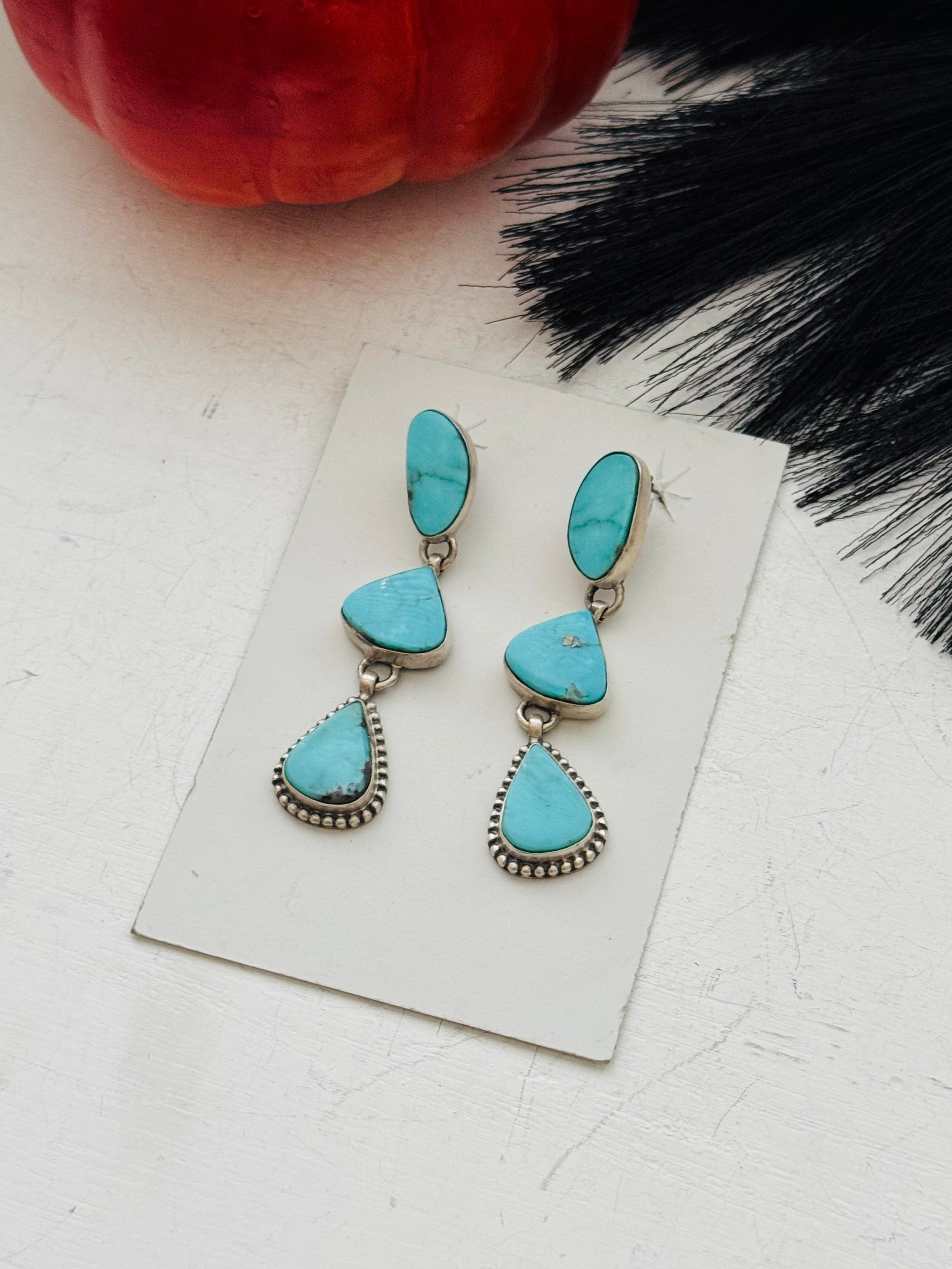 Southwest Handmade Kingman Turquoise & Sterling Silver Post Dangle Earrings