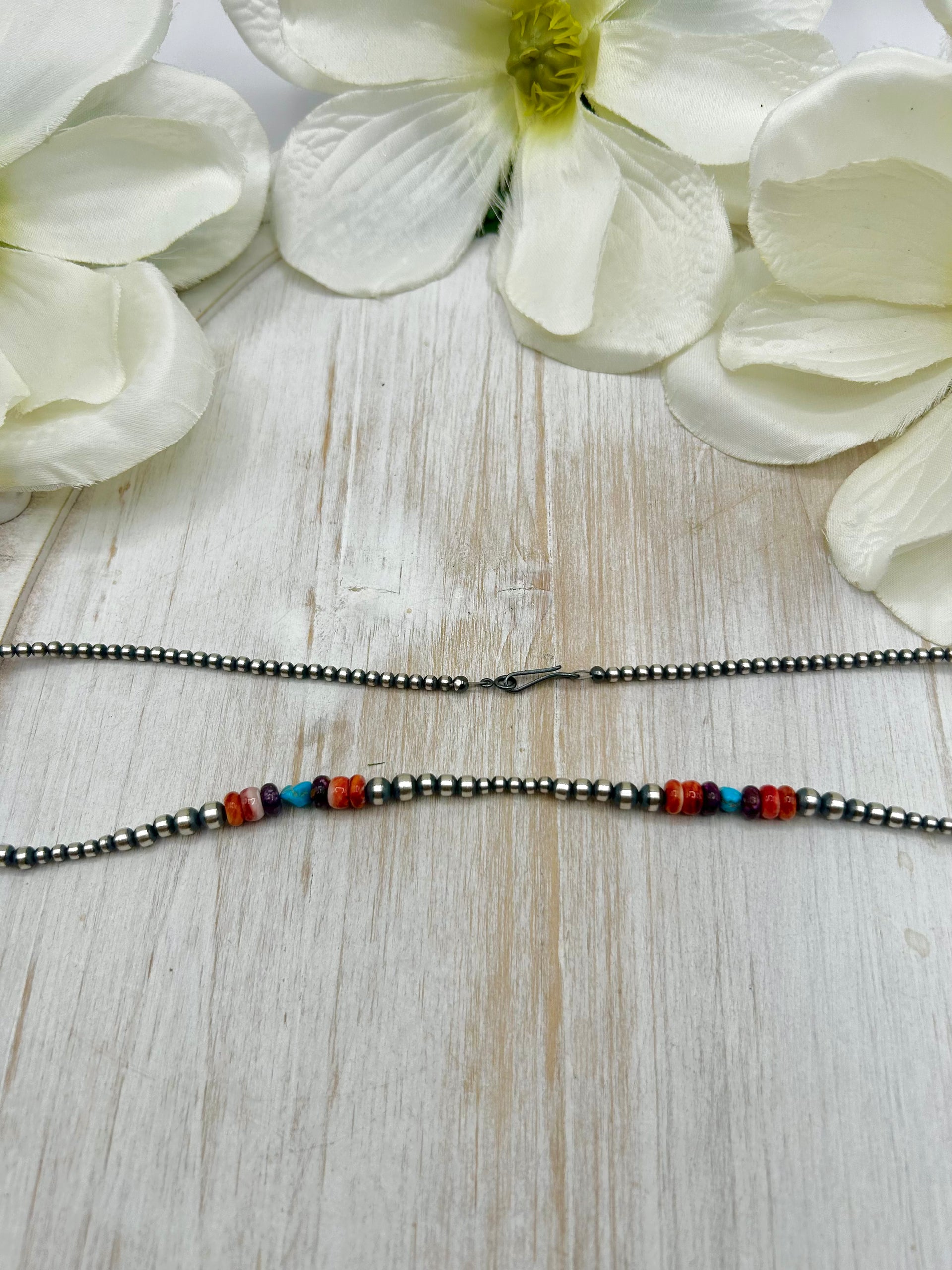 Navajo Made Strung Multi Stone & Sterling Silver Necklace