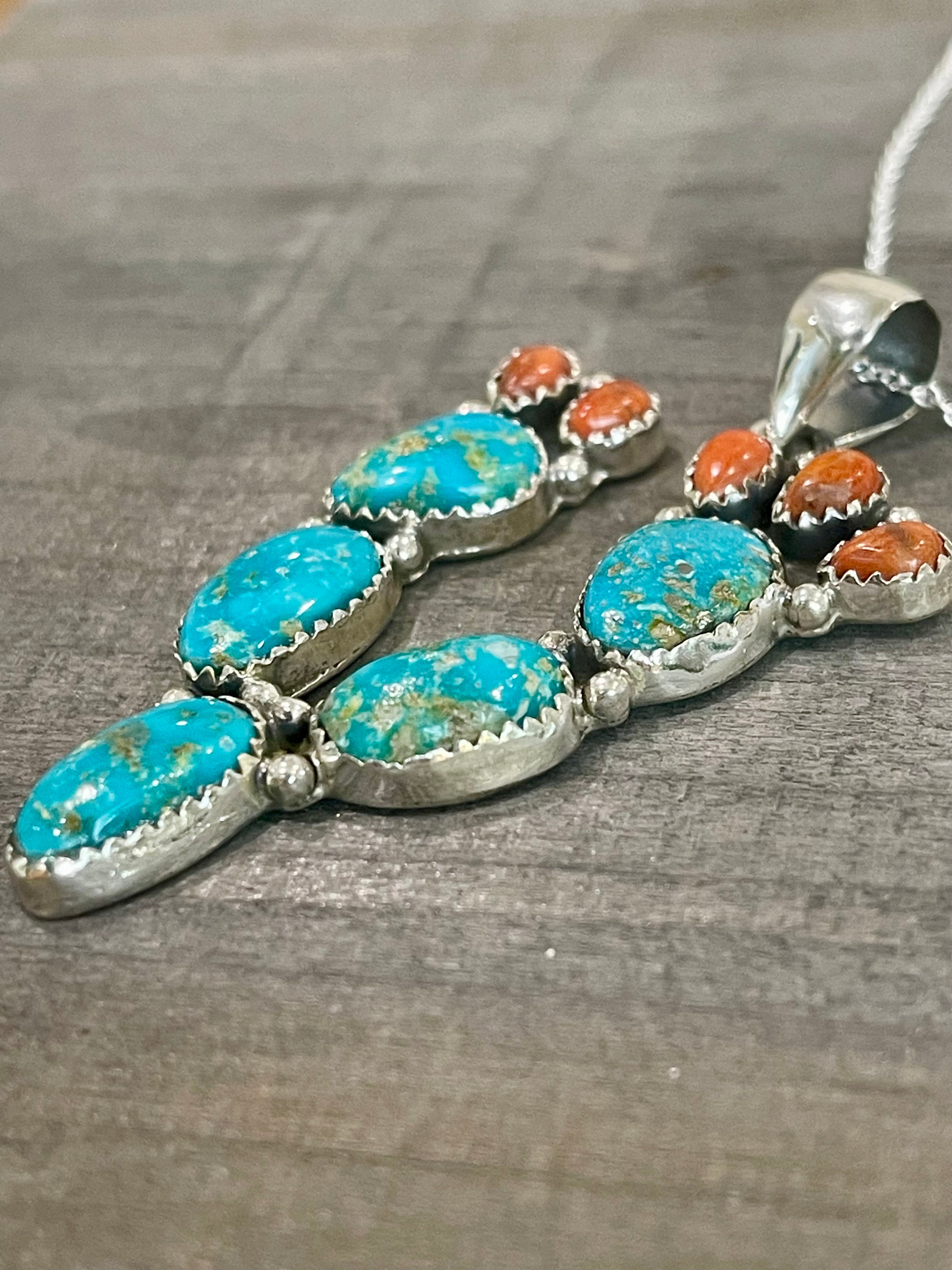 Southwest Handmade Sonoran Mountain Turquoise & Sterling Silver Prickly Pear  Necklace