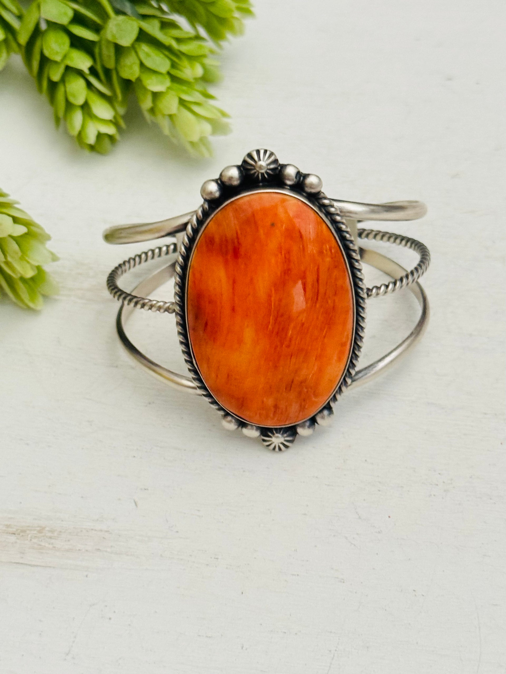 Irene Kee Red Spiny Oyster & Sterling Silver Cuff Bracelet