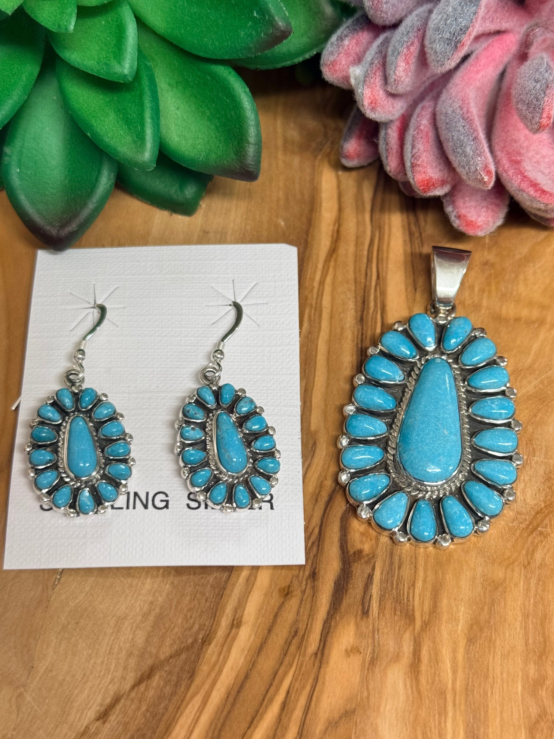 Southwest Handmade Turquoise & Sterling Silver Pendant Set