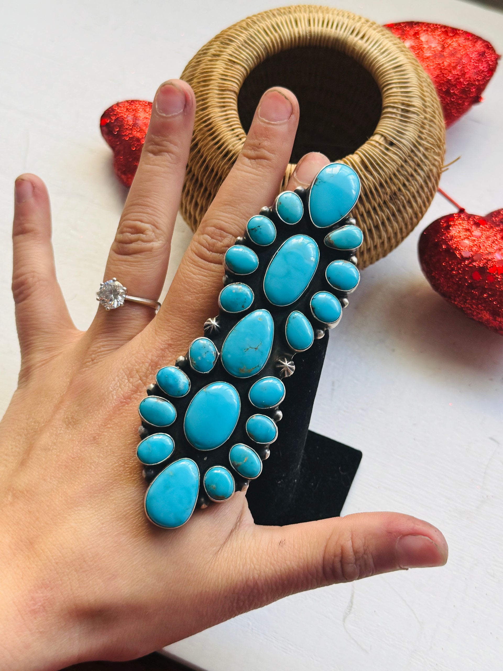 Navajo Made Kingman Turquoise & Sterling Silver Cluster Ring Size 9