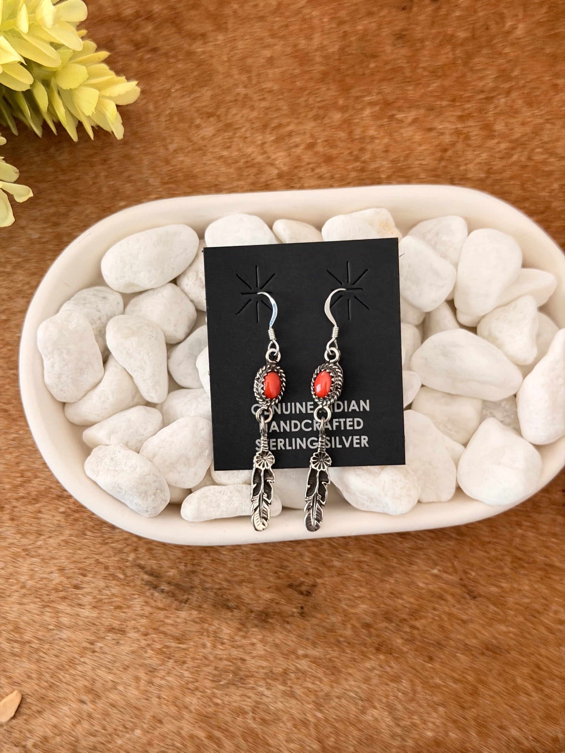 Navajo Made Red Coral & Sterling Silver Dangle Feather Earrings