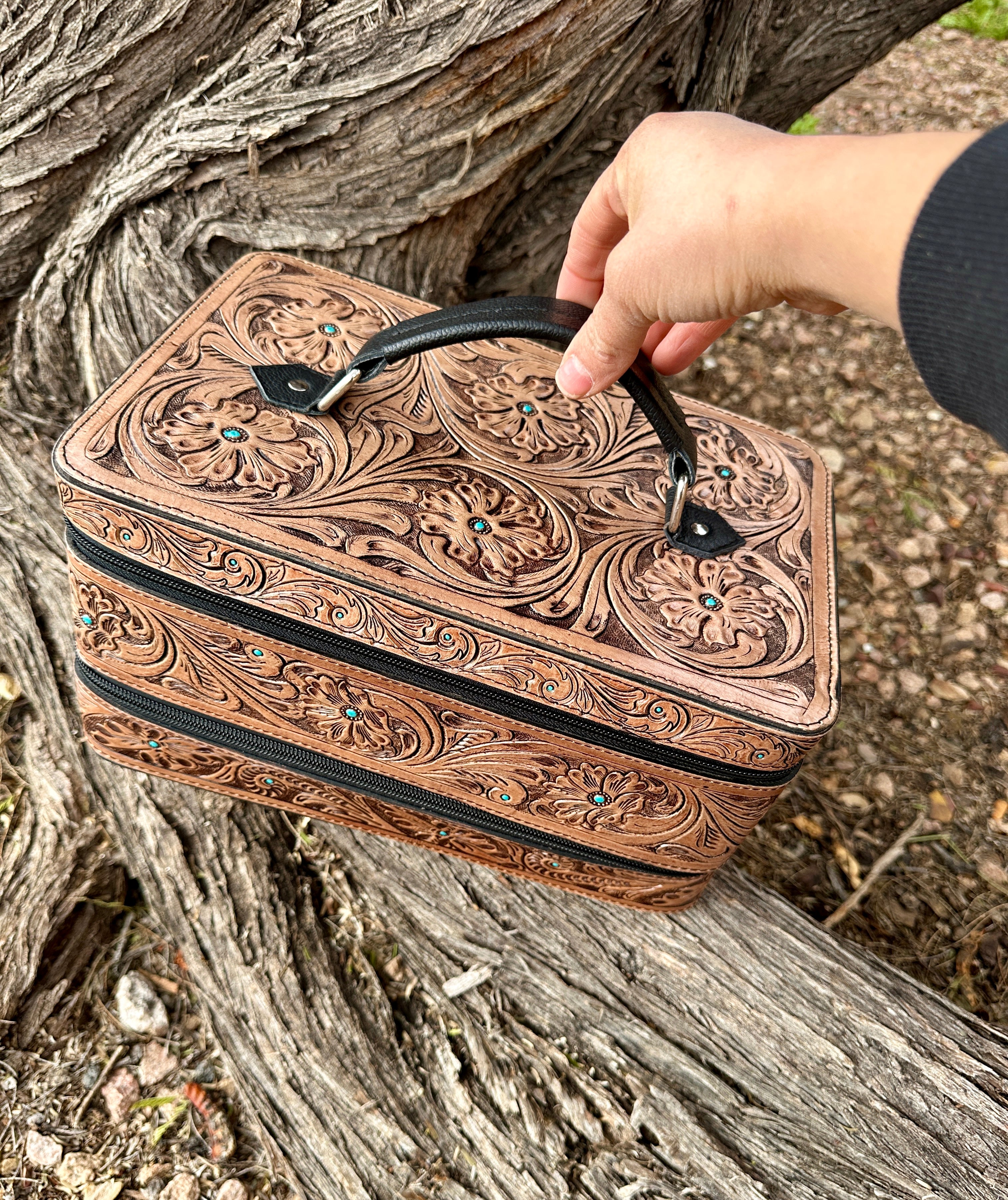 Double Layered Genuine Tooled Leather Jewelry Box