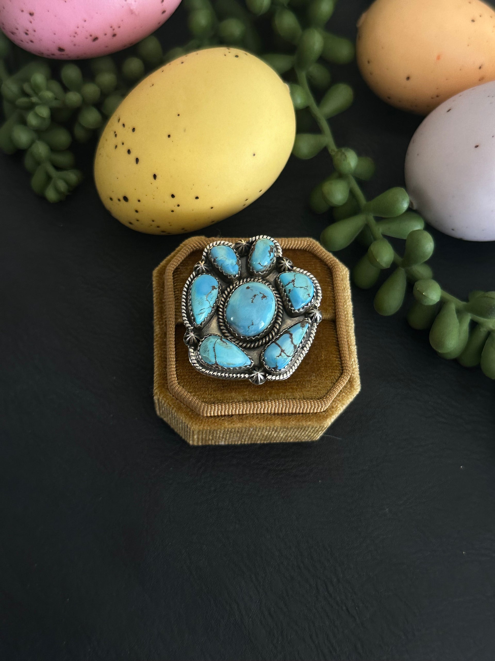 Southwest Handmade Golden Hills Turquoise & Sterling Silver Adjustable Cluster Ring