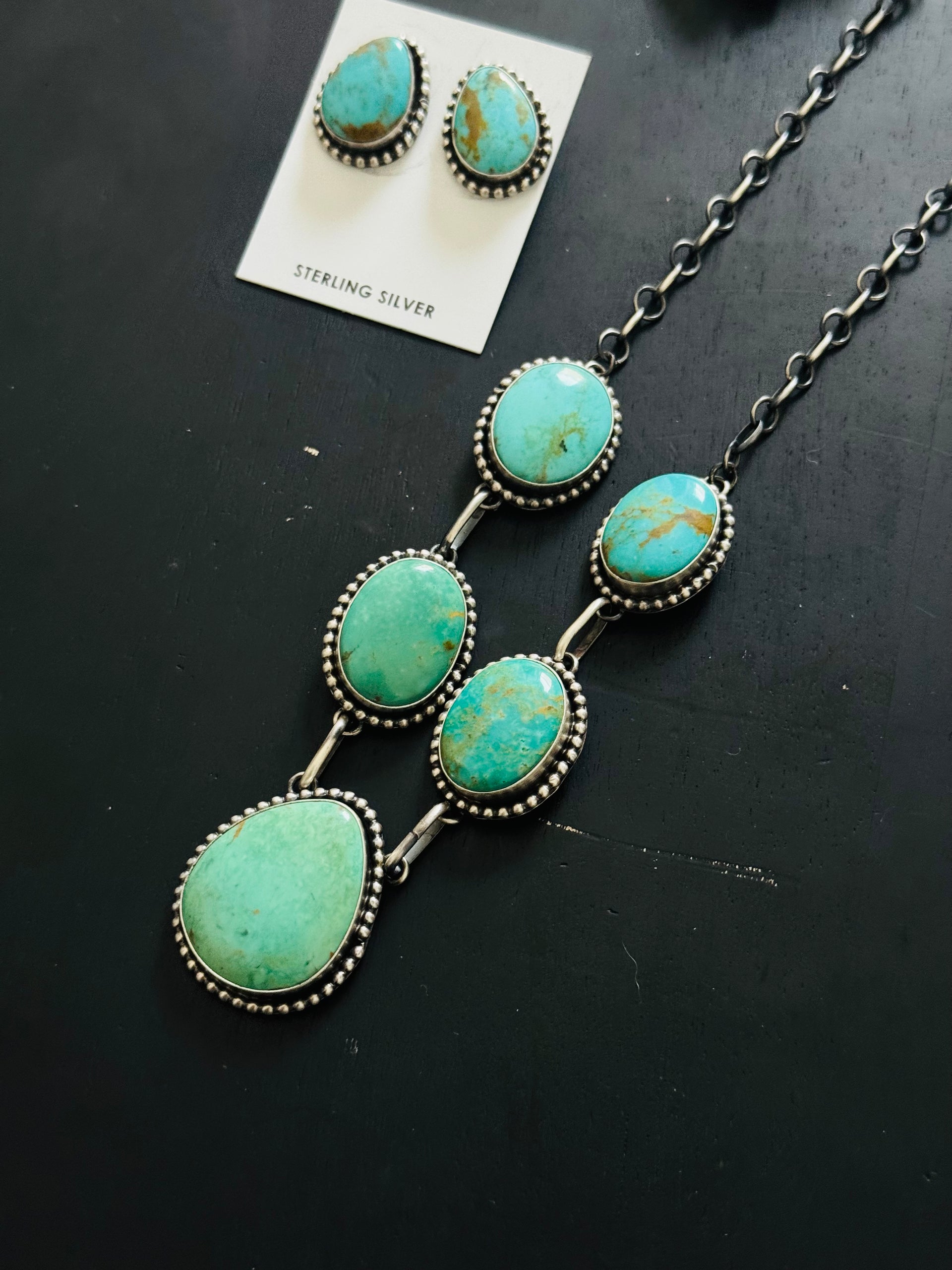 Navajo Made Kingman Turquoise and Sterling Silver Necklace Set