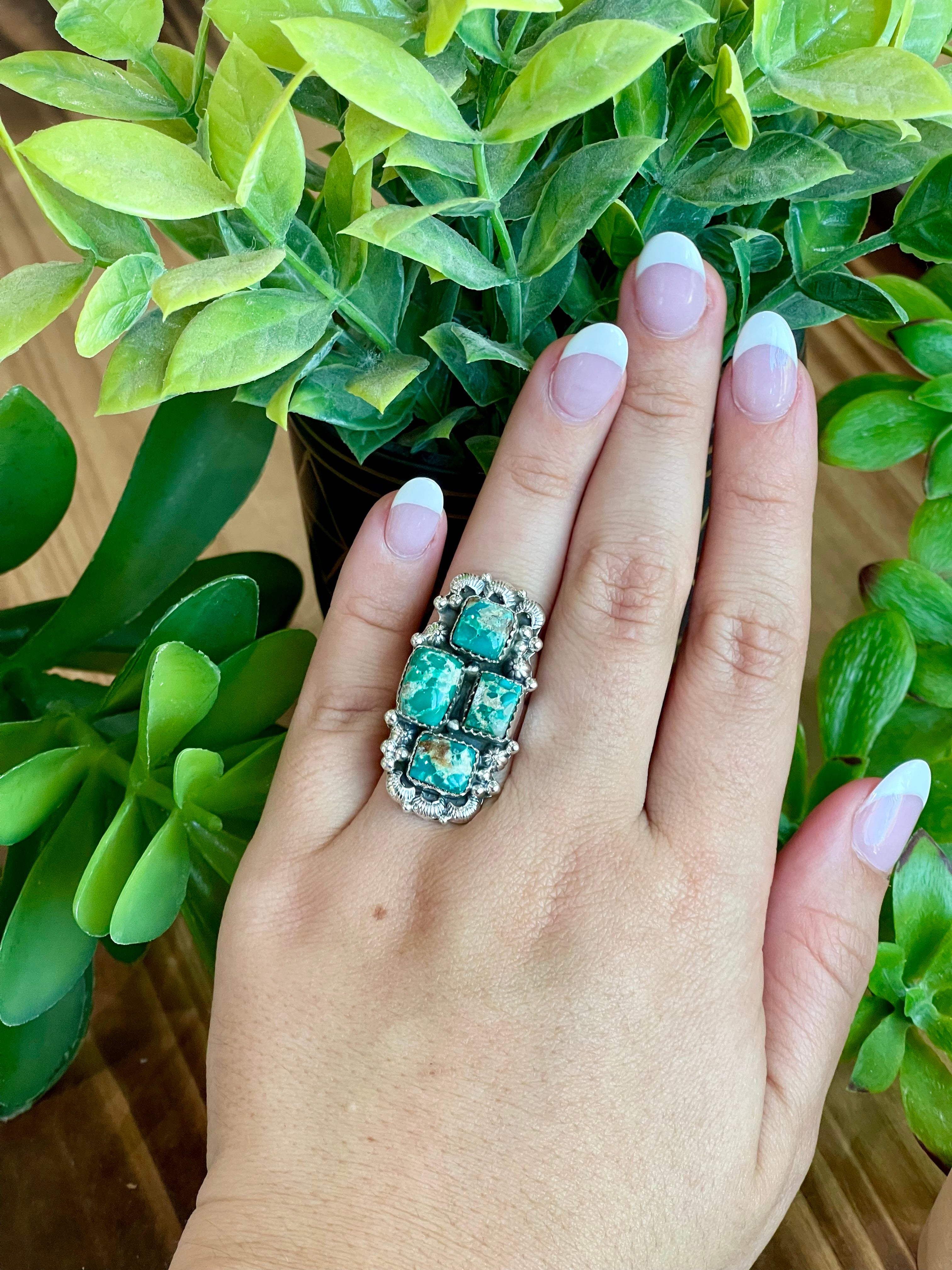 Southwest Handmade Emerald Valley Turquoise & Sterling Silver Adjustable Cluster Ring