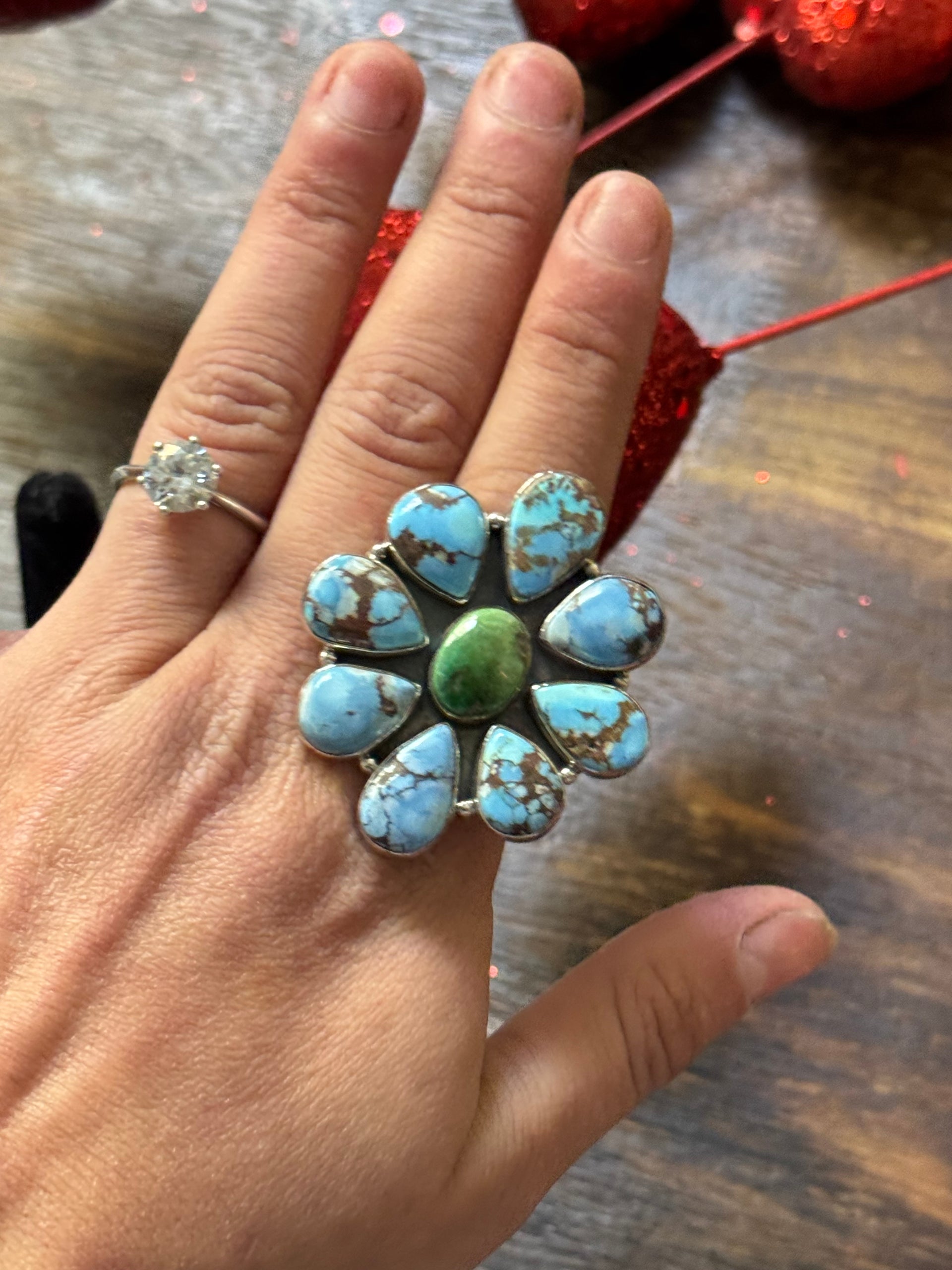 Southwest Handmade Multi Stone & Sterling Silver Adjustable Cluster Ring