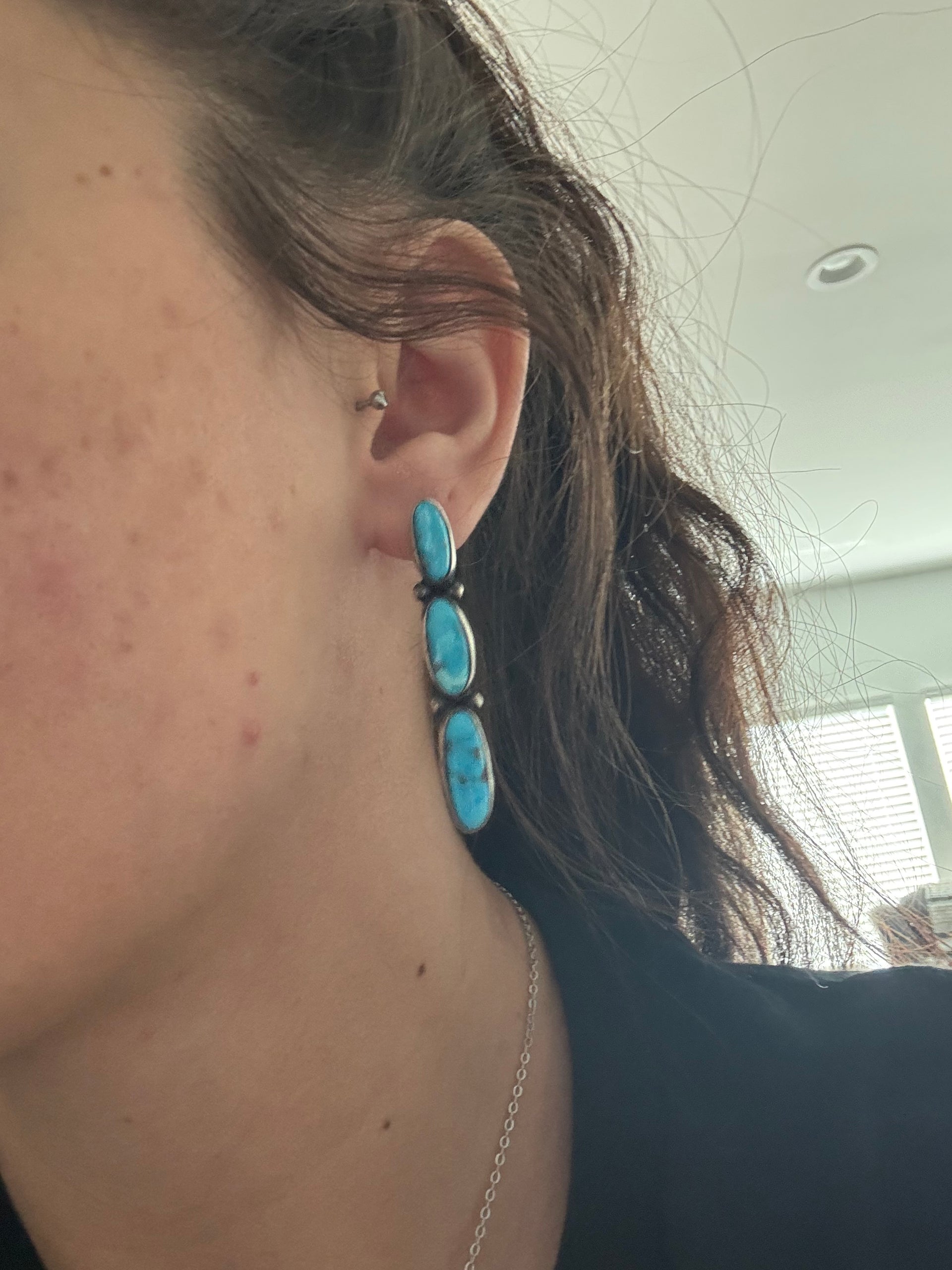 Navajo Made Blue Ridge Turquoise & Sterling Silver Post Dangle Earrings