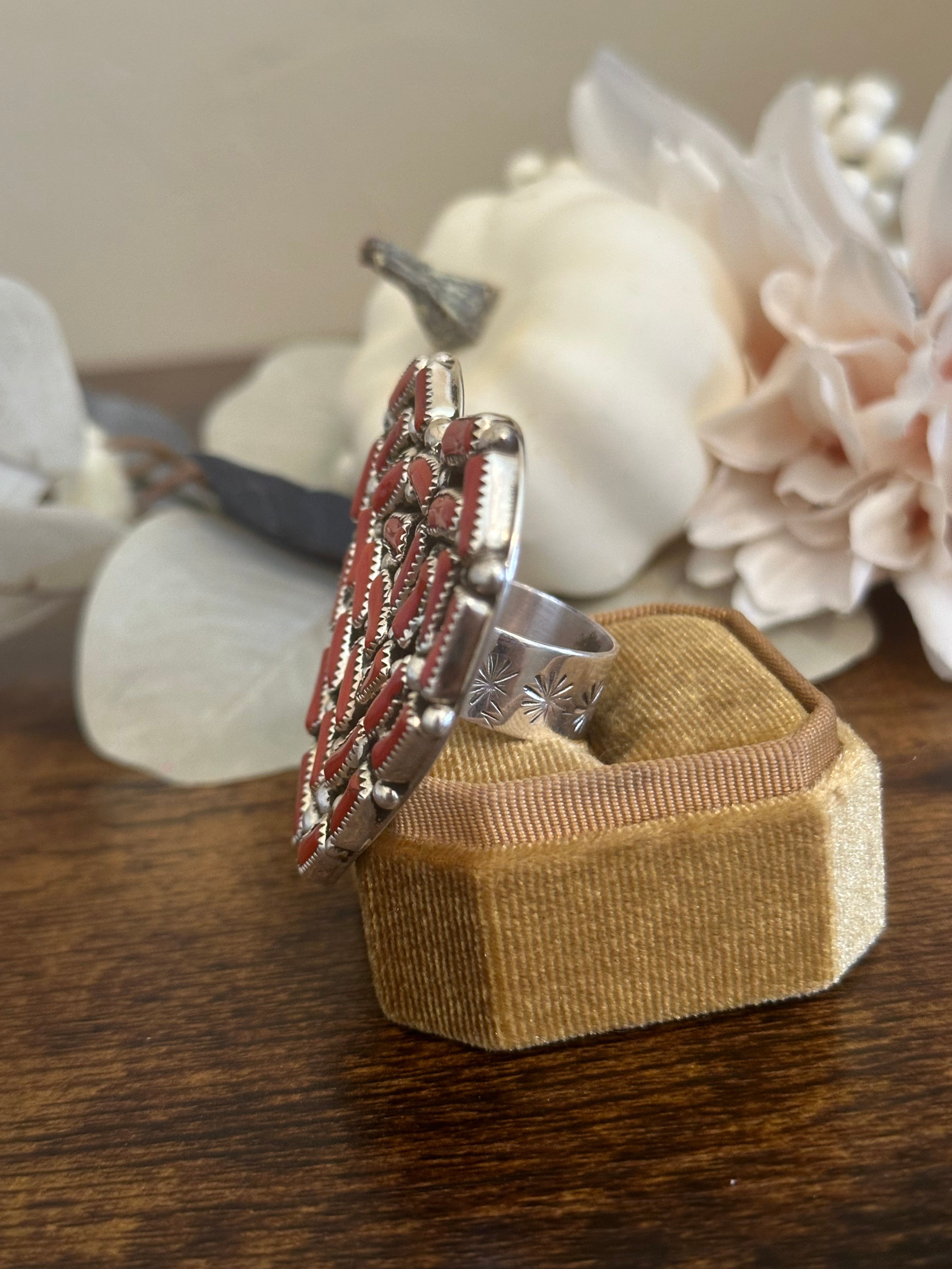 Darlene Begay Coral & Sterling Silver Adjustable Heart Ring