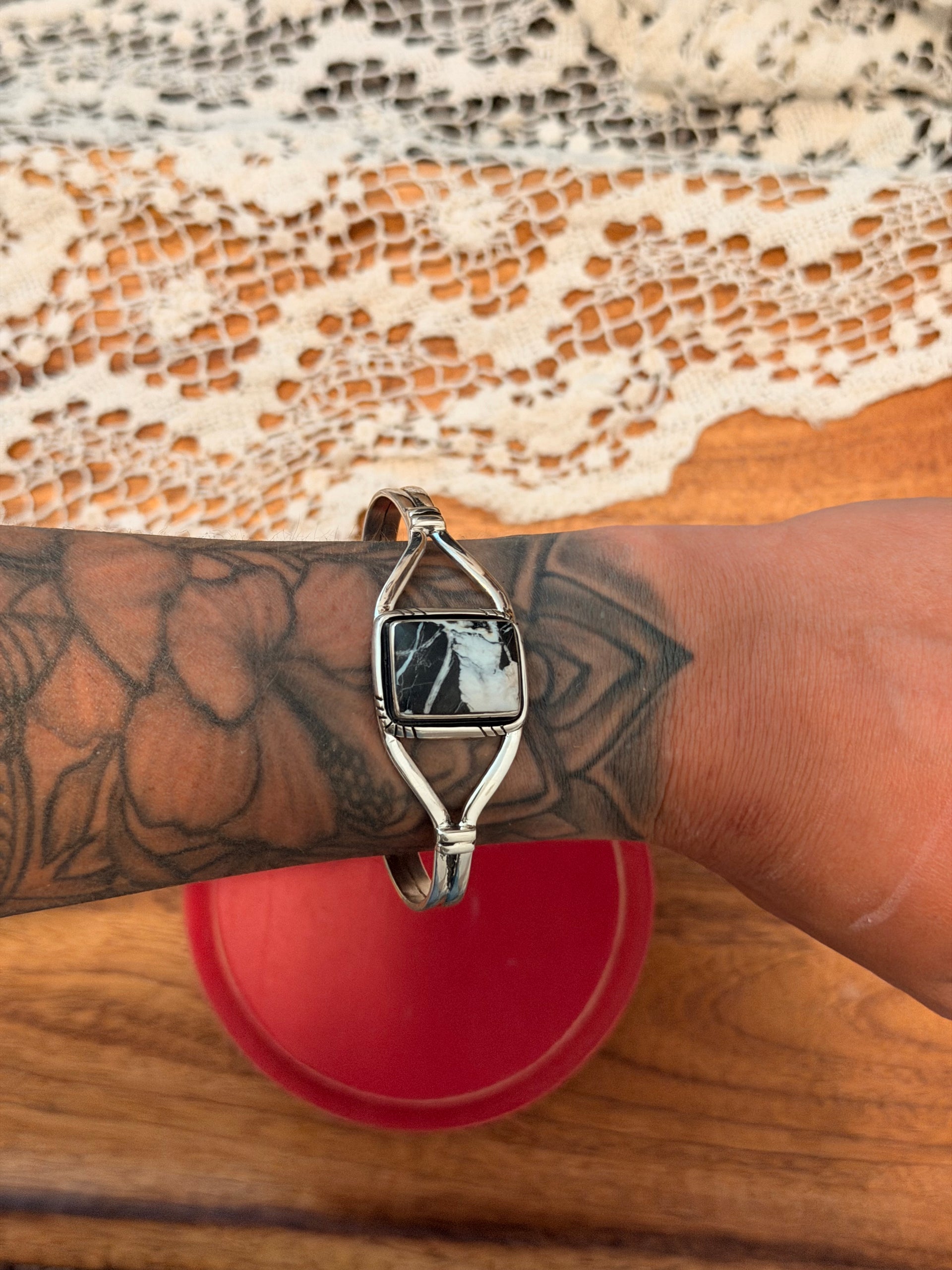 Navajo Made White Buffalo & Sterling Silver Cuff Bracelet