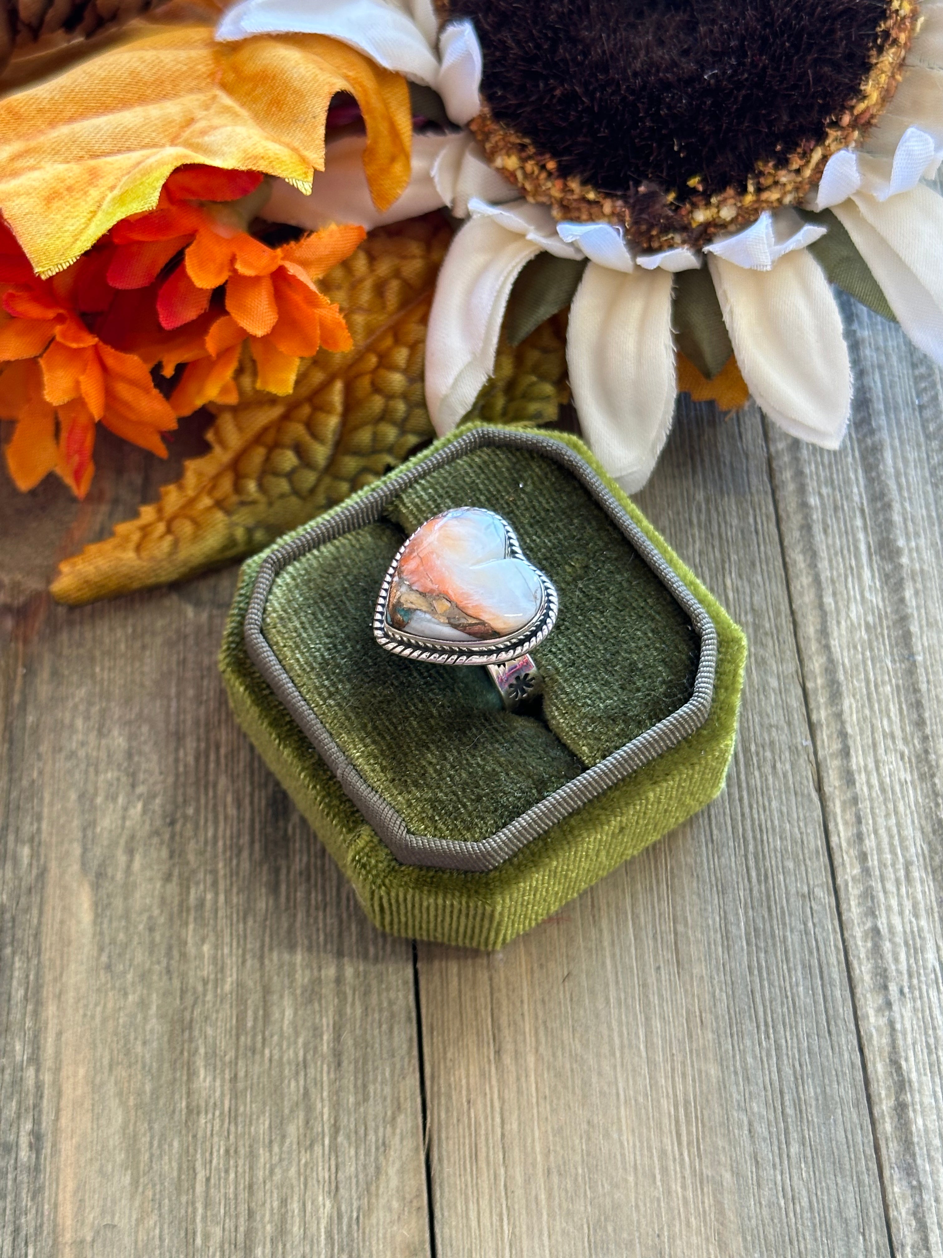 Southwest Handmade Mohave Turquoise & Sterling Silver Adjustable Heart Ring