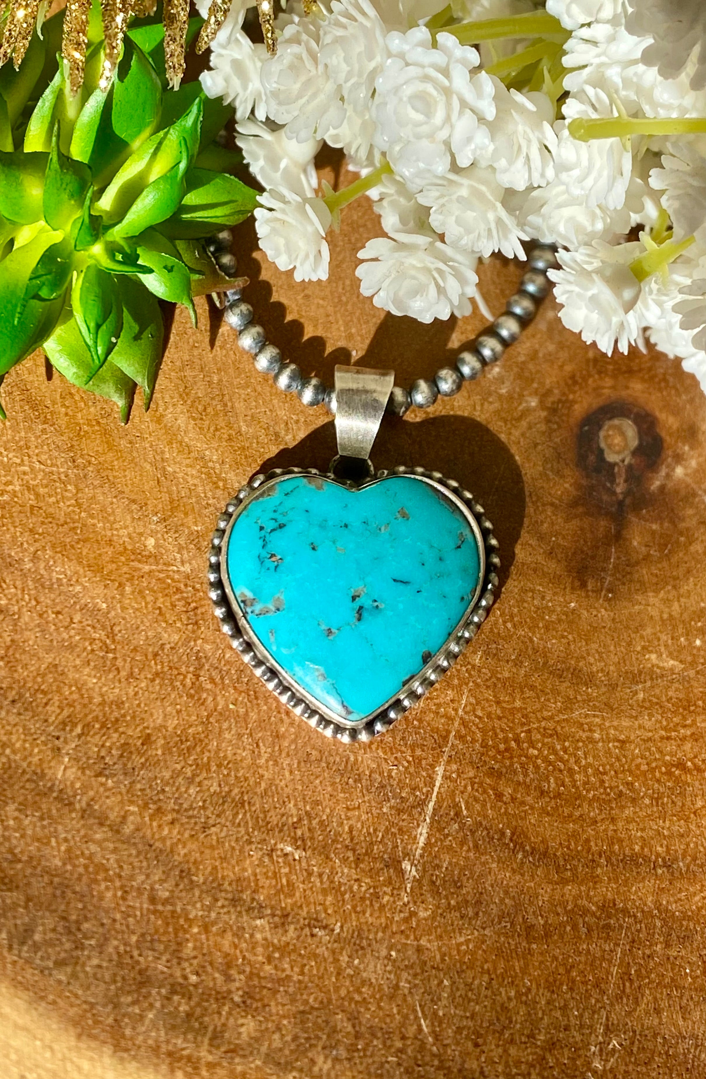 Navajo Made Kingman Turquoise & Sterling Silver Heart Shape PENDANT ONLY