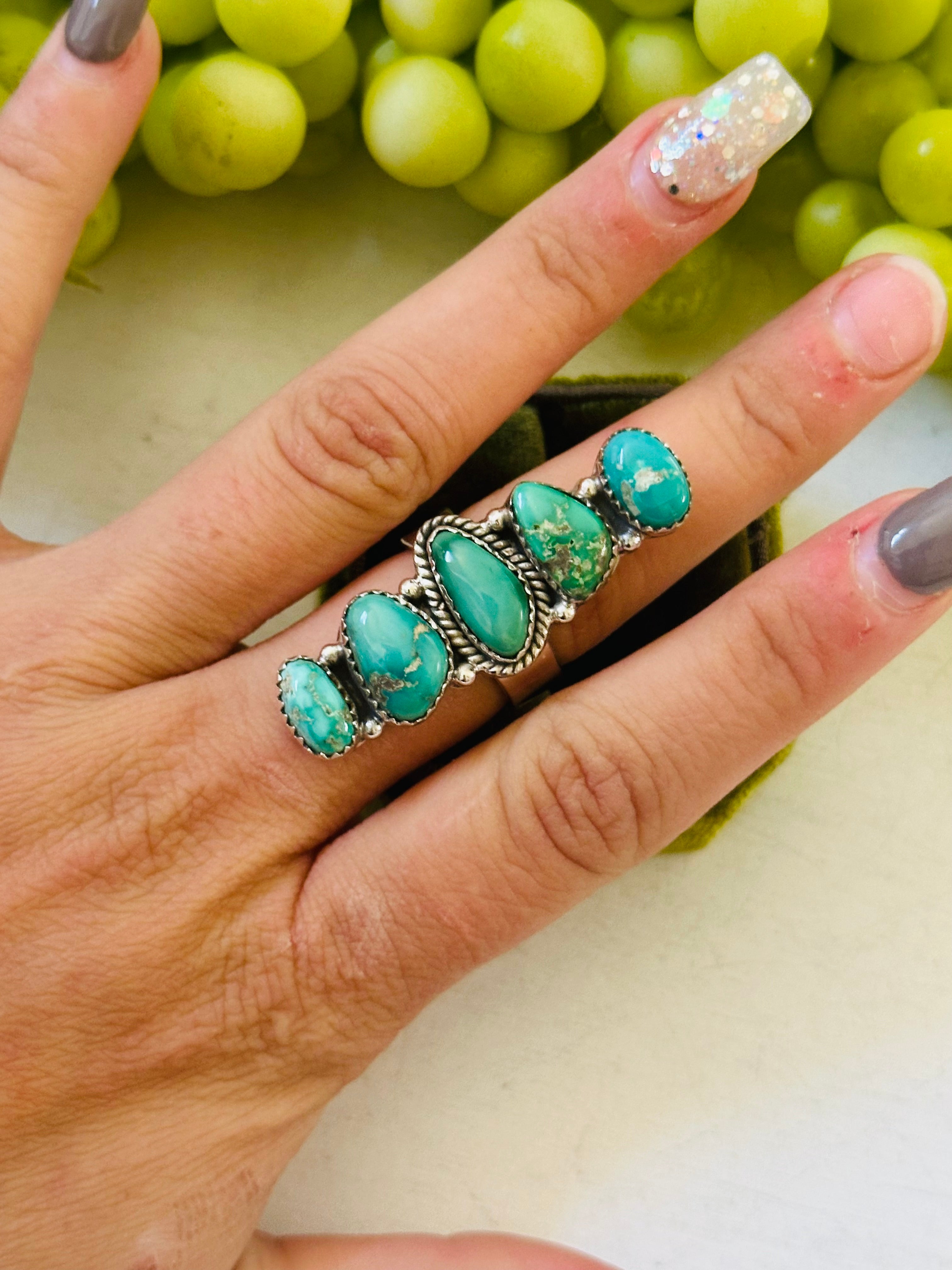 Southwest Handmade Emerald Valley Turquoise & Sterling Silver Adjustable Cluster Ring