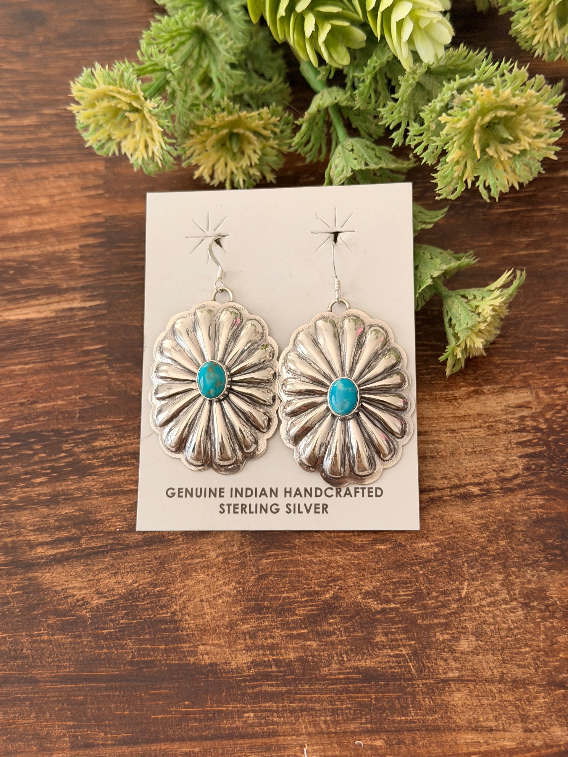 Navajo Made Kingman Turquoise & Sterling Silver Dangle Concho Earrings