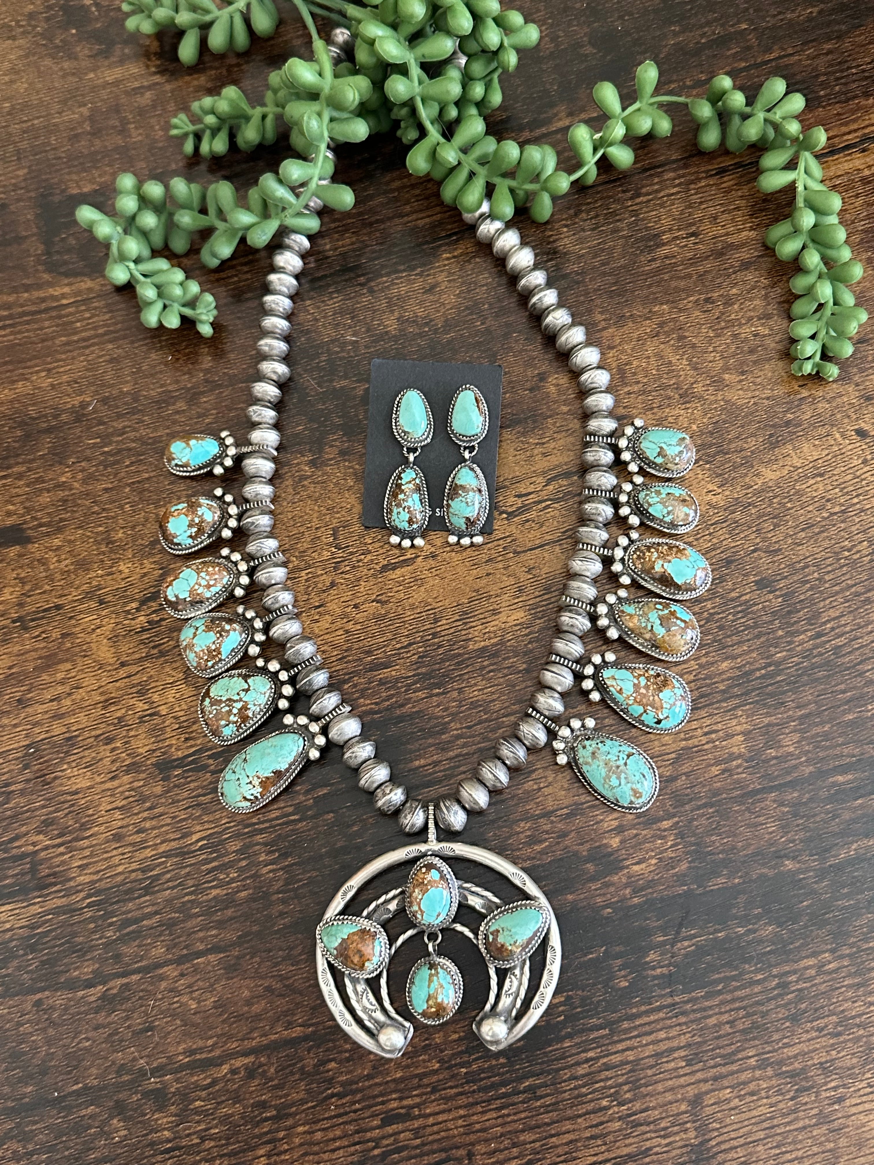 Navajo Made Ribbon Turquoise & Sterling Silver Squash Naja Blossom Necklace Set