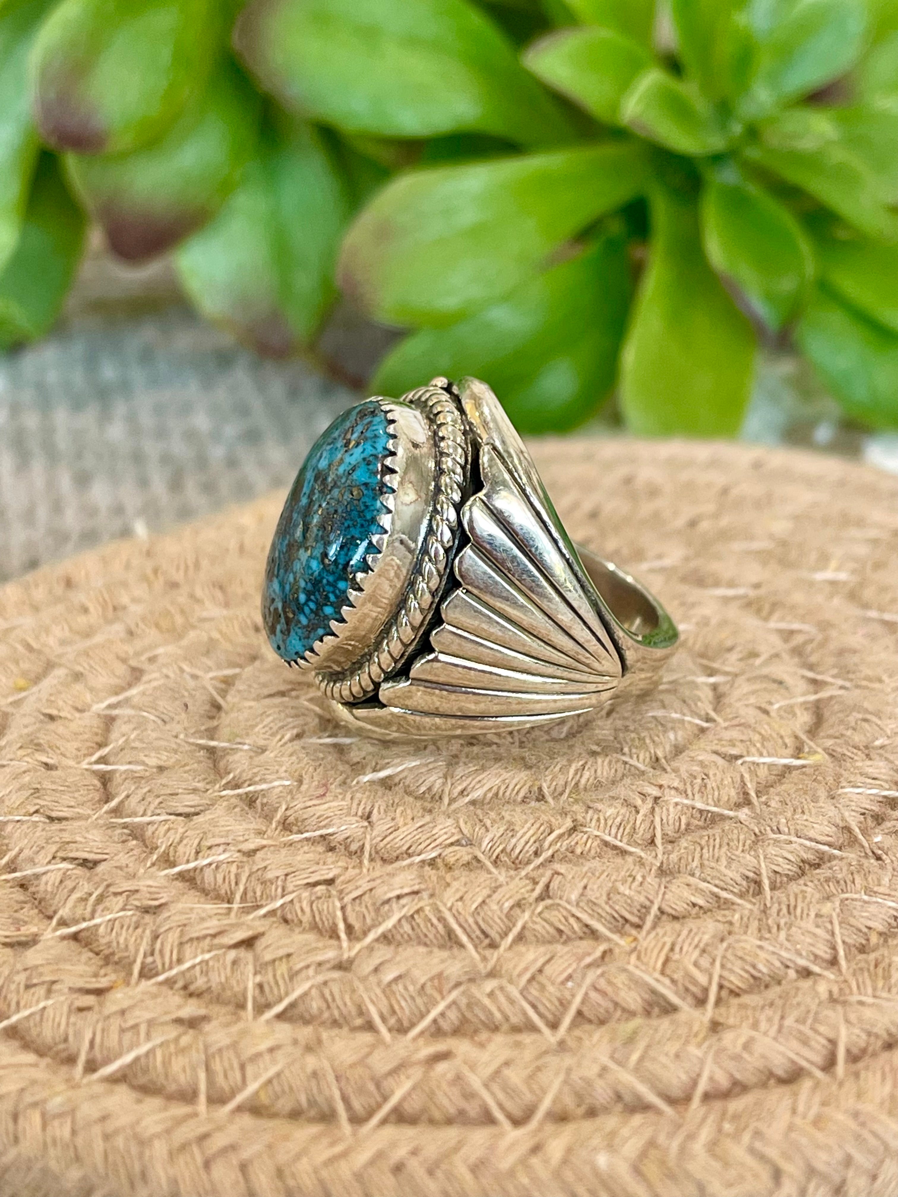 Southwest Handmade Morenci Turquoise & Sterling Silver Size 7 Ring