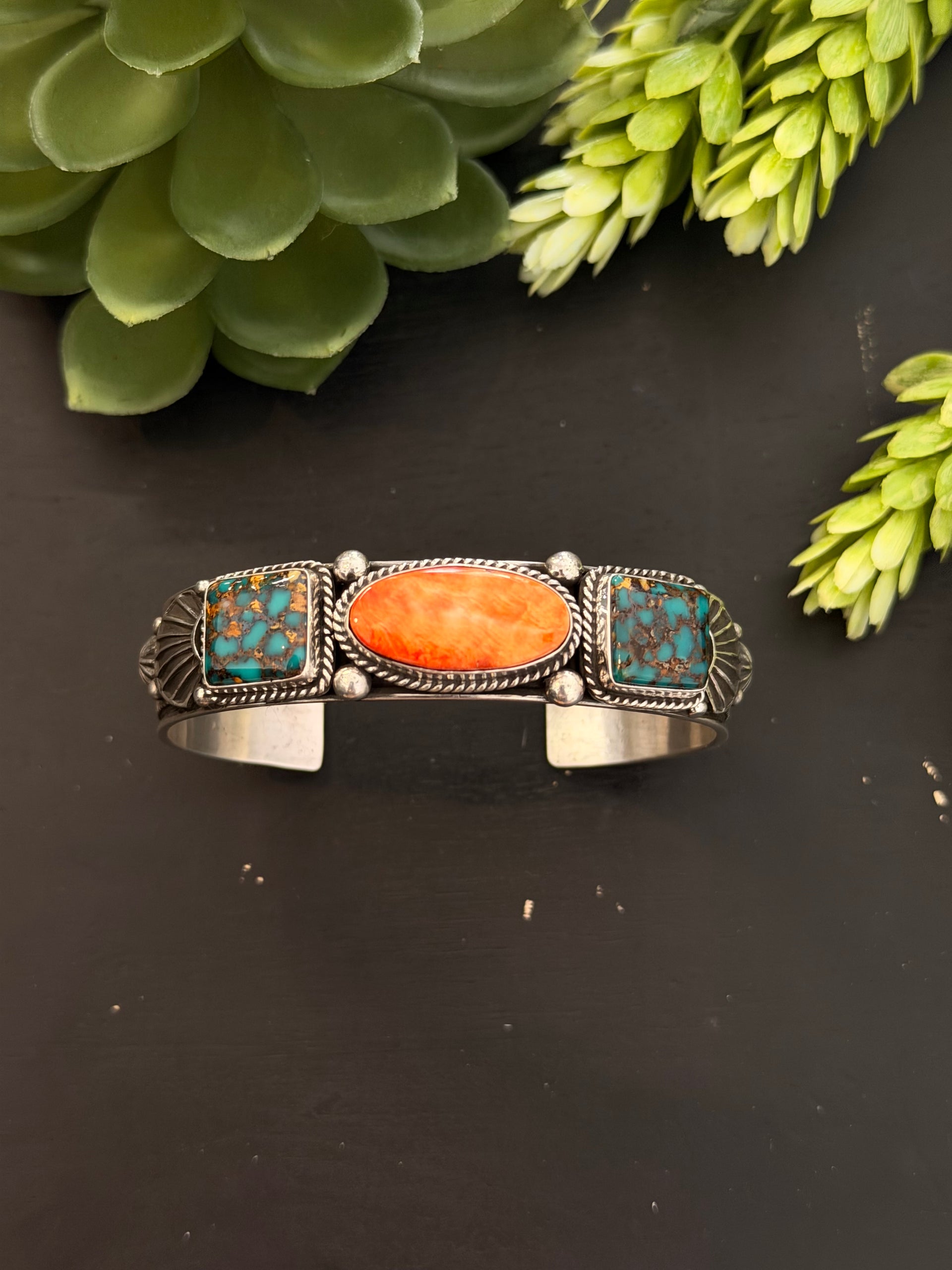 Navajo Made Multi Stone & Sterling Silver Cluster Cuff Bracelet